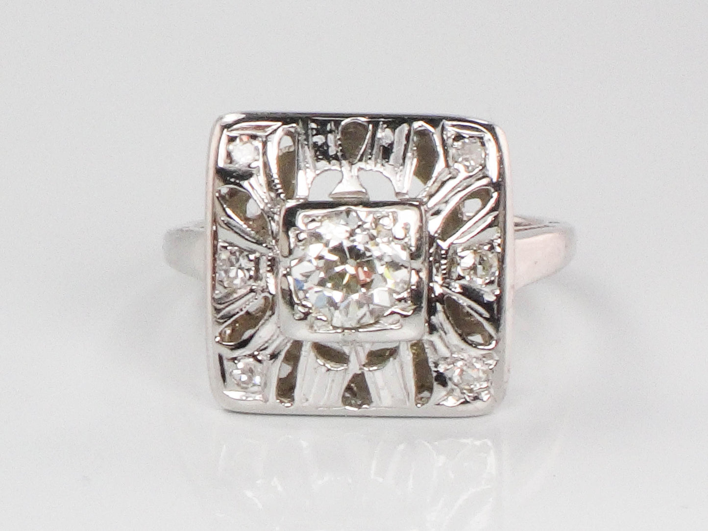 Vintage 14k White Gold Old European Cut Natural Diamond Ring Art Deco Diamond Ring Approx .50 Carat Center Diamond