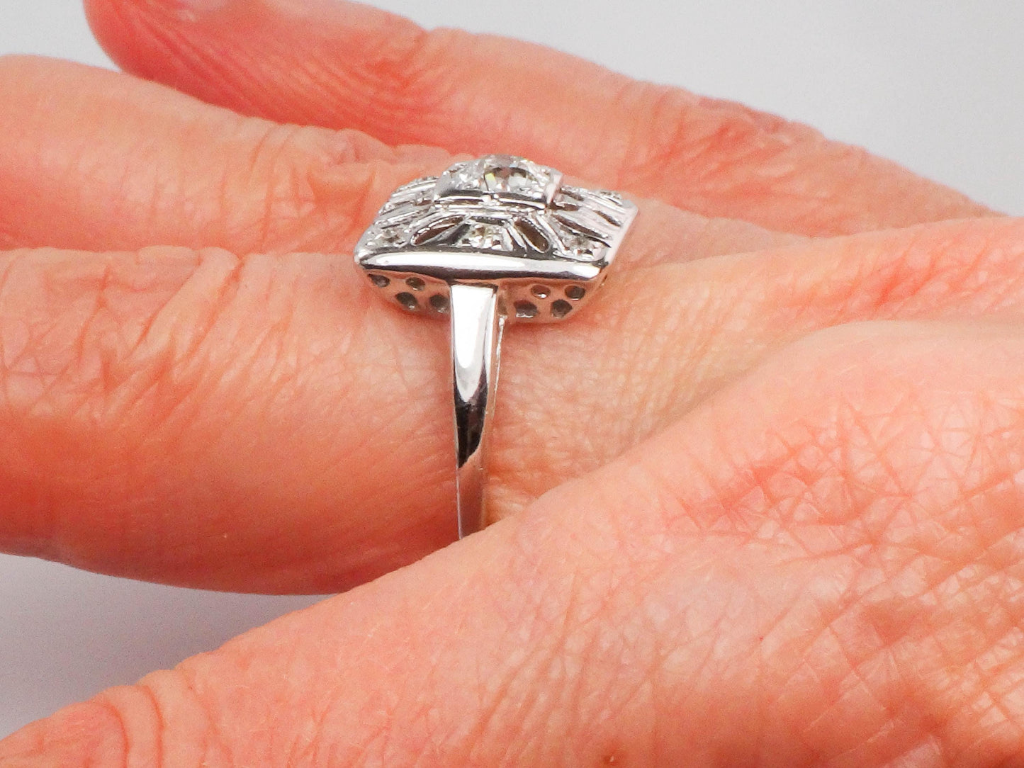 Vintage 14k White Gold Old European Cut Natural Diamond Ring Art Deco Diamond Ring Approx .50 Carat Center Diamond