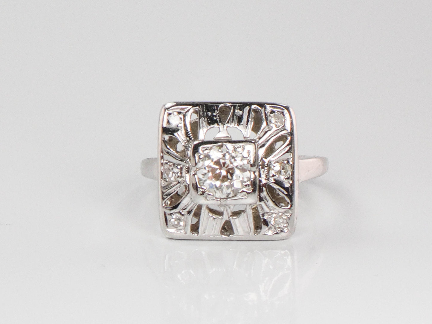 Vintage 14k White Gold Old European Cut Natural Diamond Ring Art Deco Diamond Ring Approx .50 Carat Center Diamond
