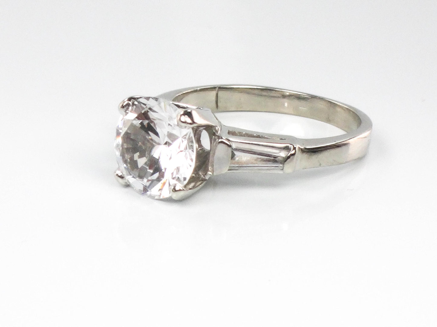 Vintage 14k Engagement Ring, Clear Spinel Ring, White Gold Imitation Diamond Ring with Baguettes, Travel Ring