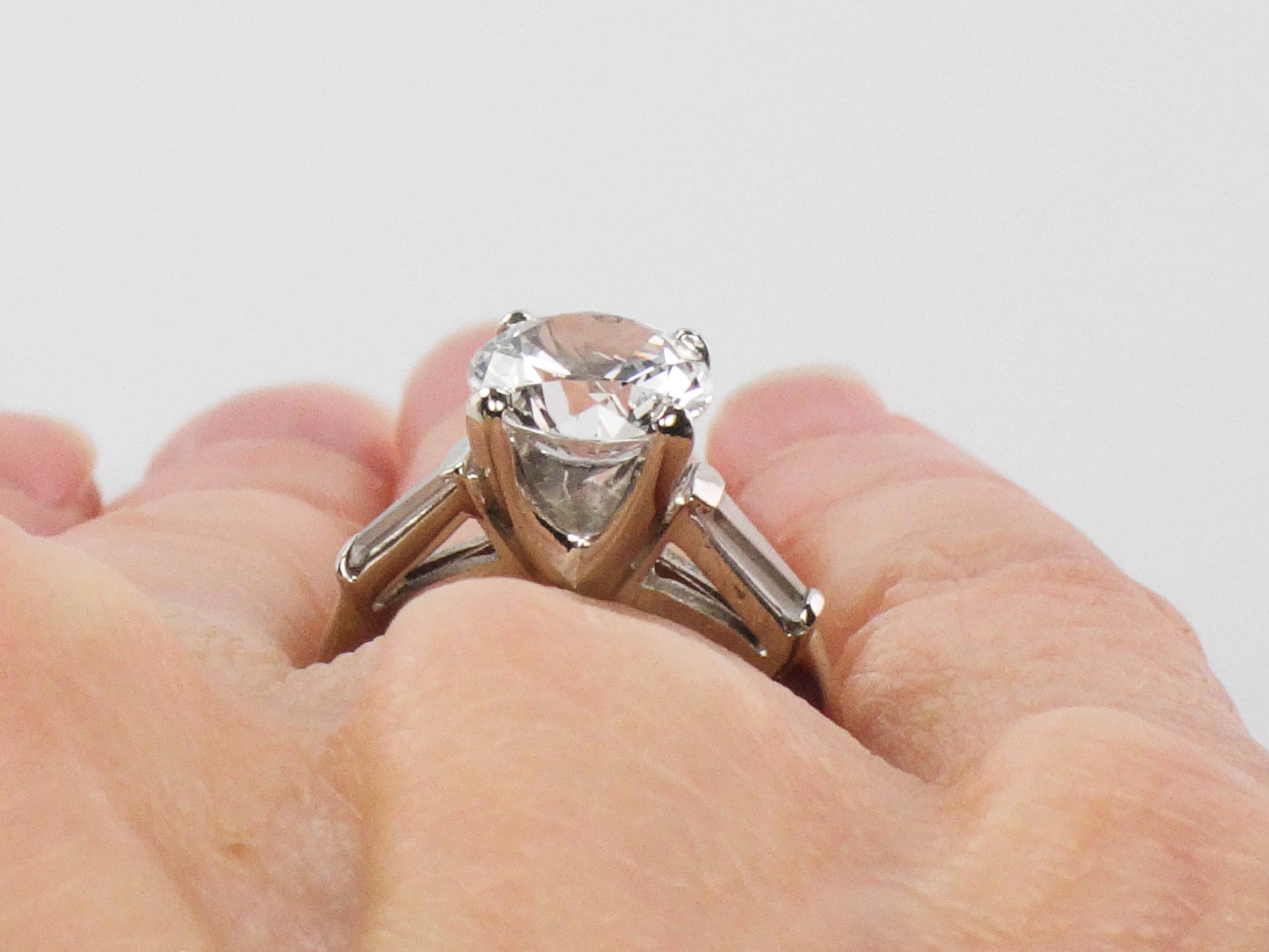 Vintage 14k Engagement Ring, Clear Spinel Ring, White Gold Imitation Diamond Ring with Baguettes, Travel Ring