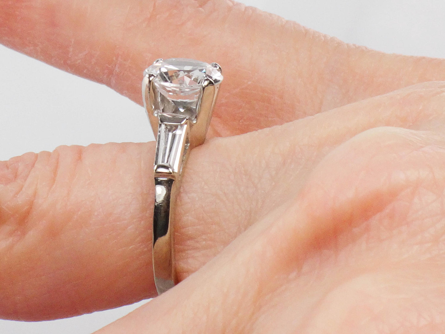 Vintage 14k Engagement Ring, Clear Spinel Ring, White Gold Imitation Diamond Ring with Baguettes, Travel Ring