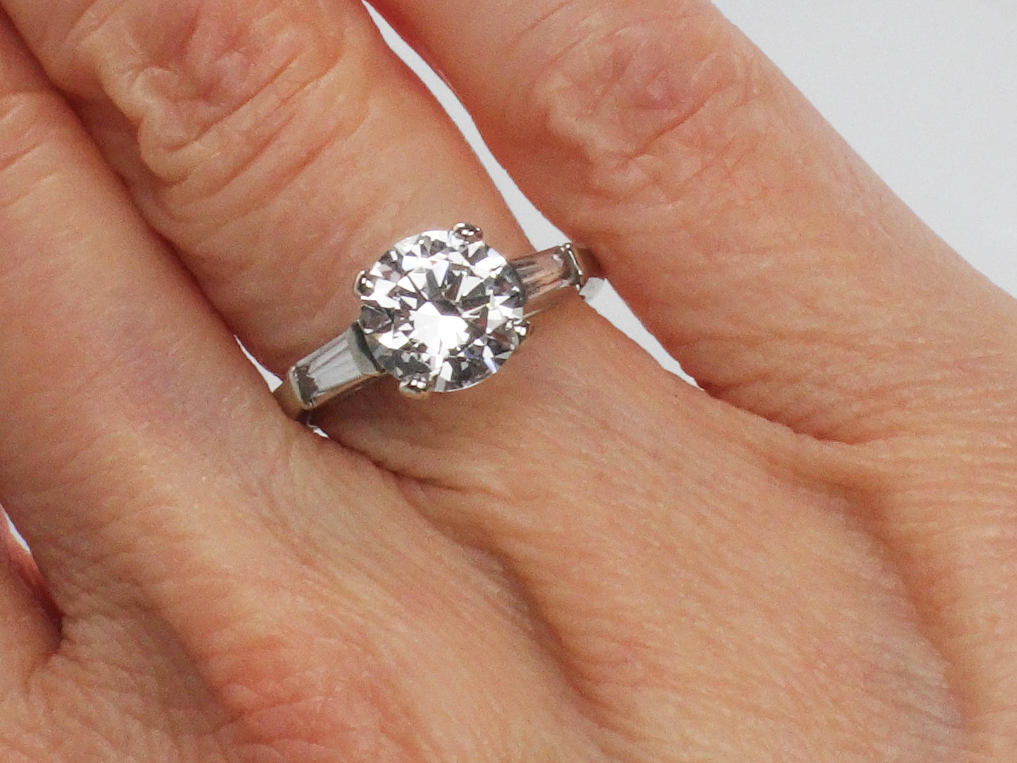 Vintage 14k Engagement Ring, Clear Spinel Ring, White Gold Imitation Diamond Ring with Baguettes, Travel Ring
