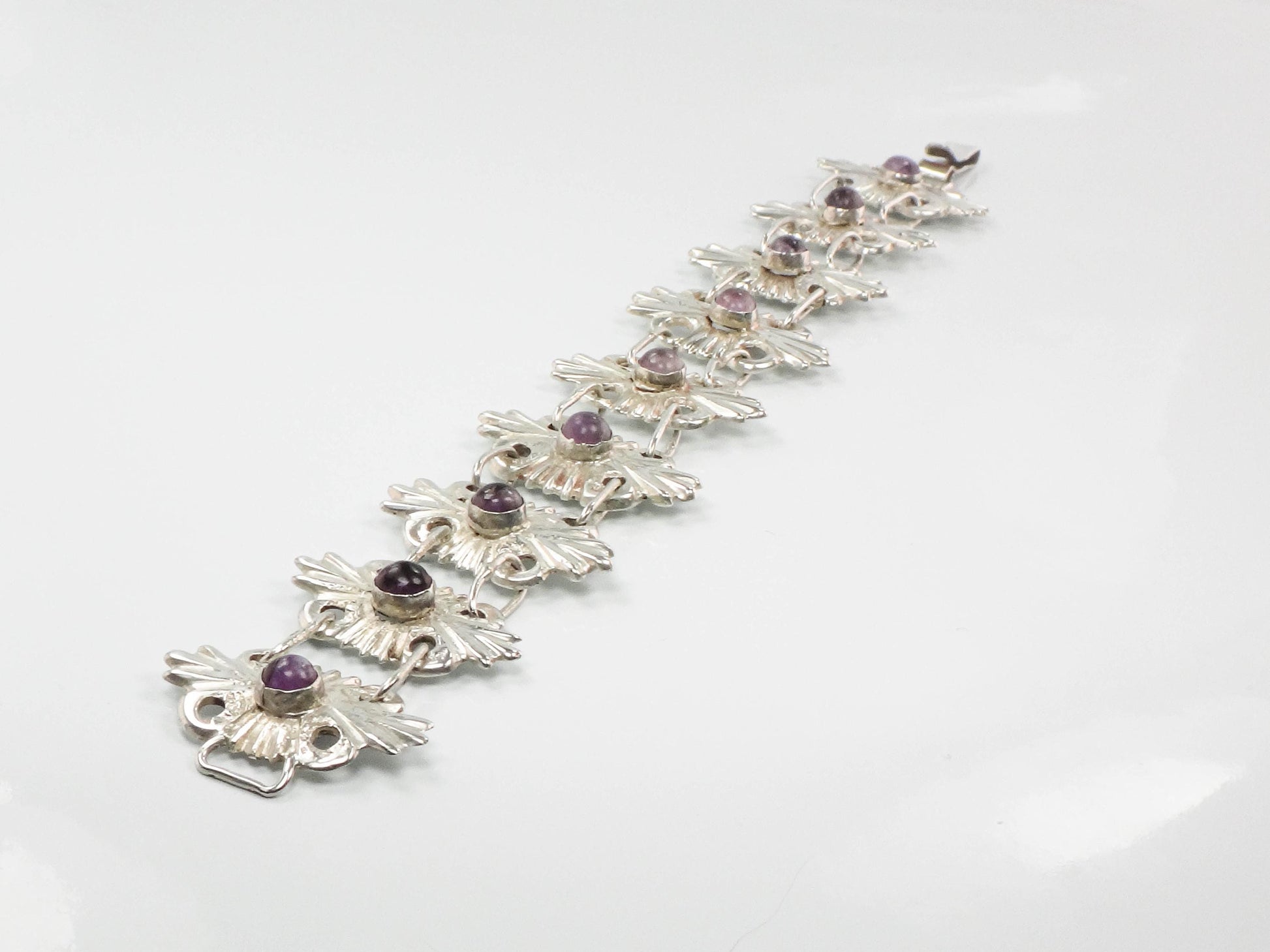 Vintage Mexico Silver Amethyst Bracelet: Ornate Handmade Panel Design