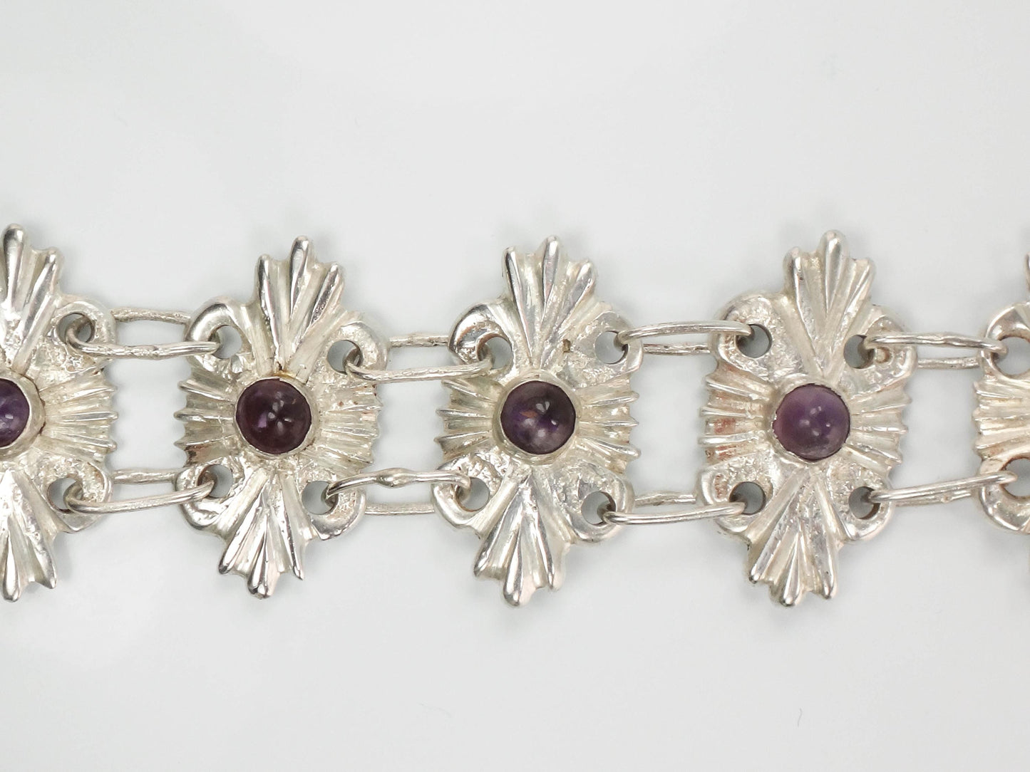 Vintage Mexico Silver Amethyst Bracelet: Ornate Handmade Panel Design