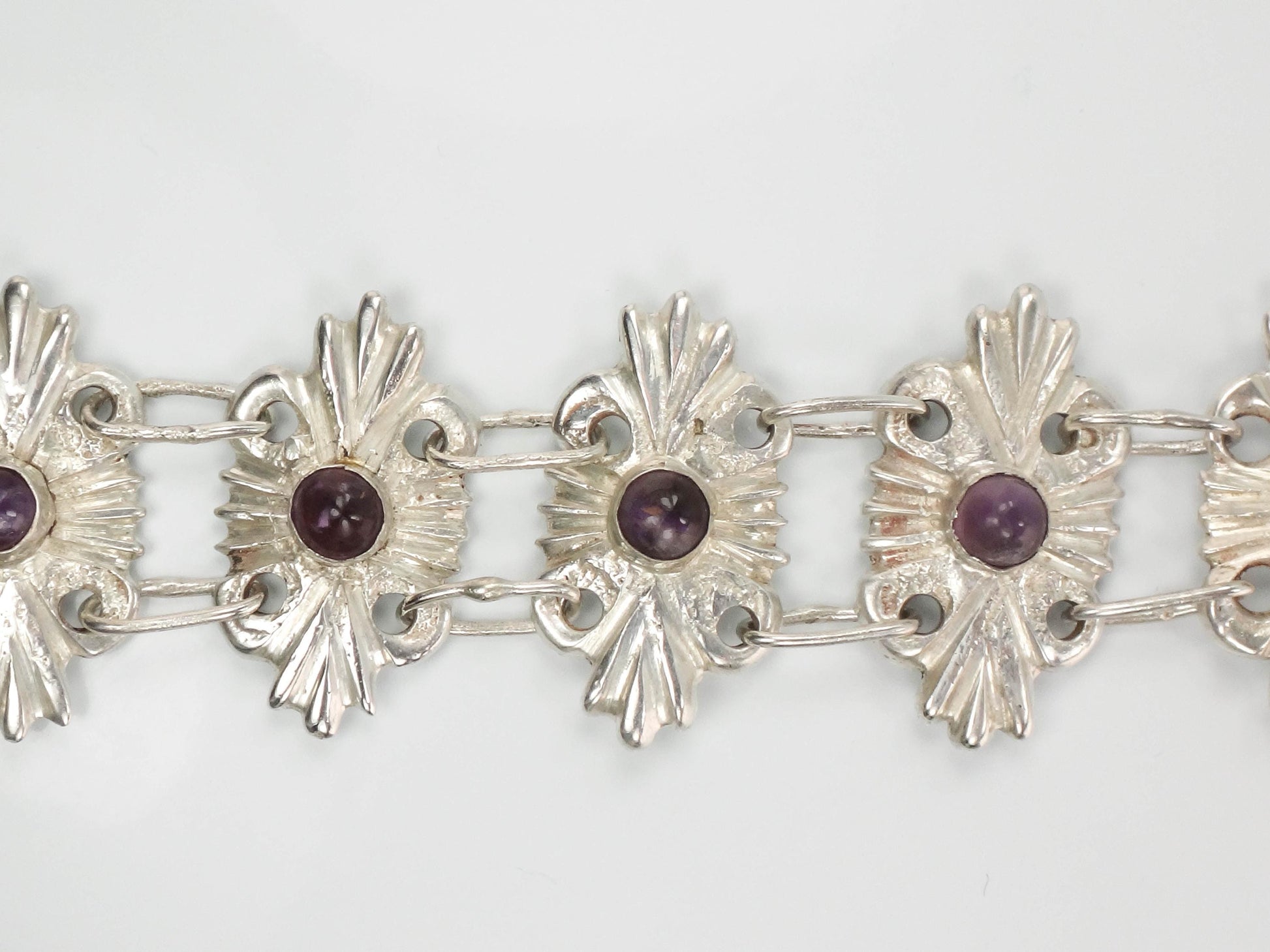 Vintage Mexico Silver Amethyst Bracelet: Ornate Handmade Panel Design