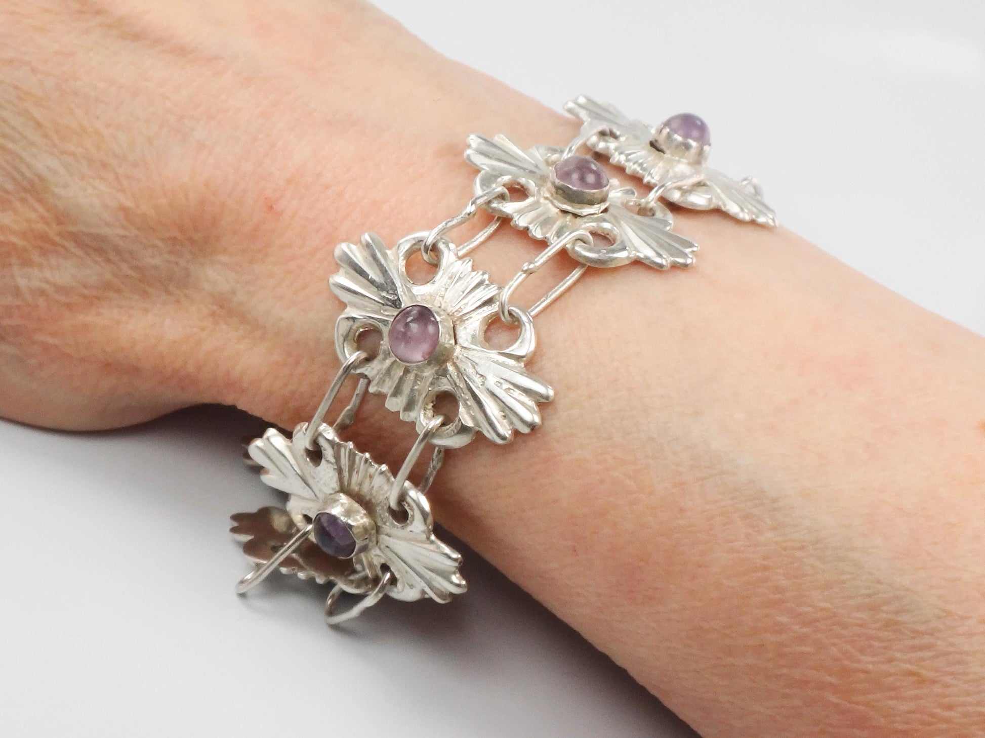 Vintage Mexico Silver Amethyst Bracelet: Ornate Handmade Panel Design