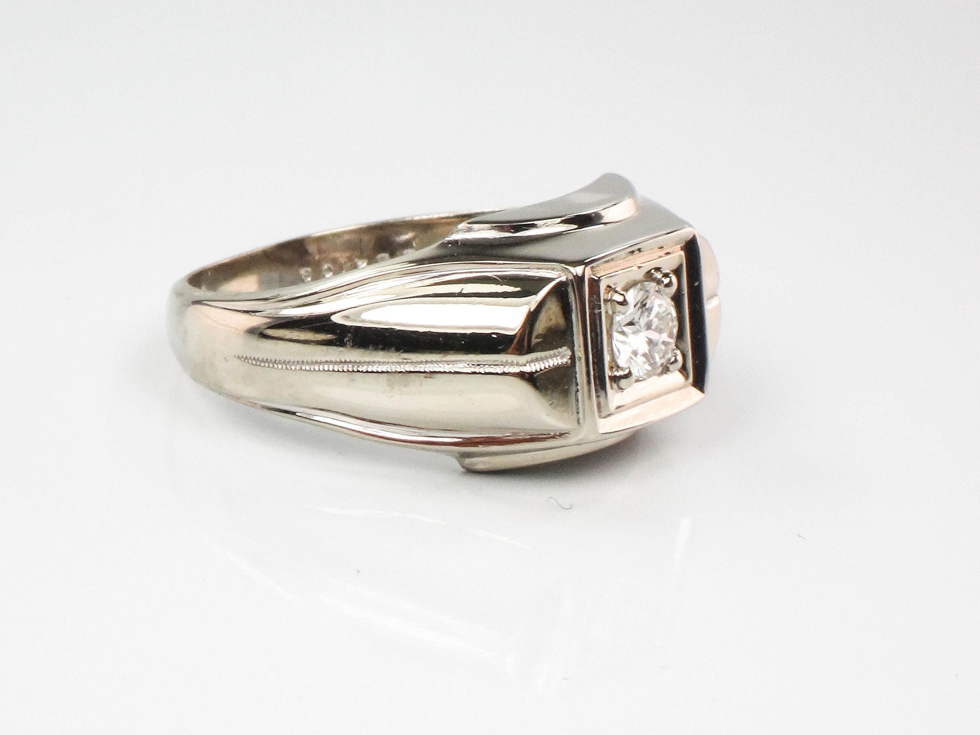 Vintage Art Carved 14k White Gold Diamond Men's Ring: 1960s Engagement Jewelry