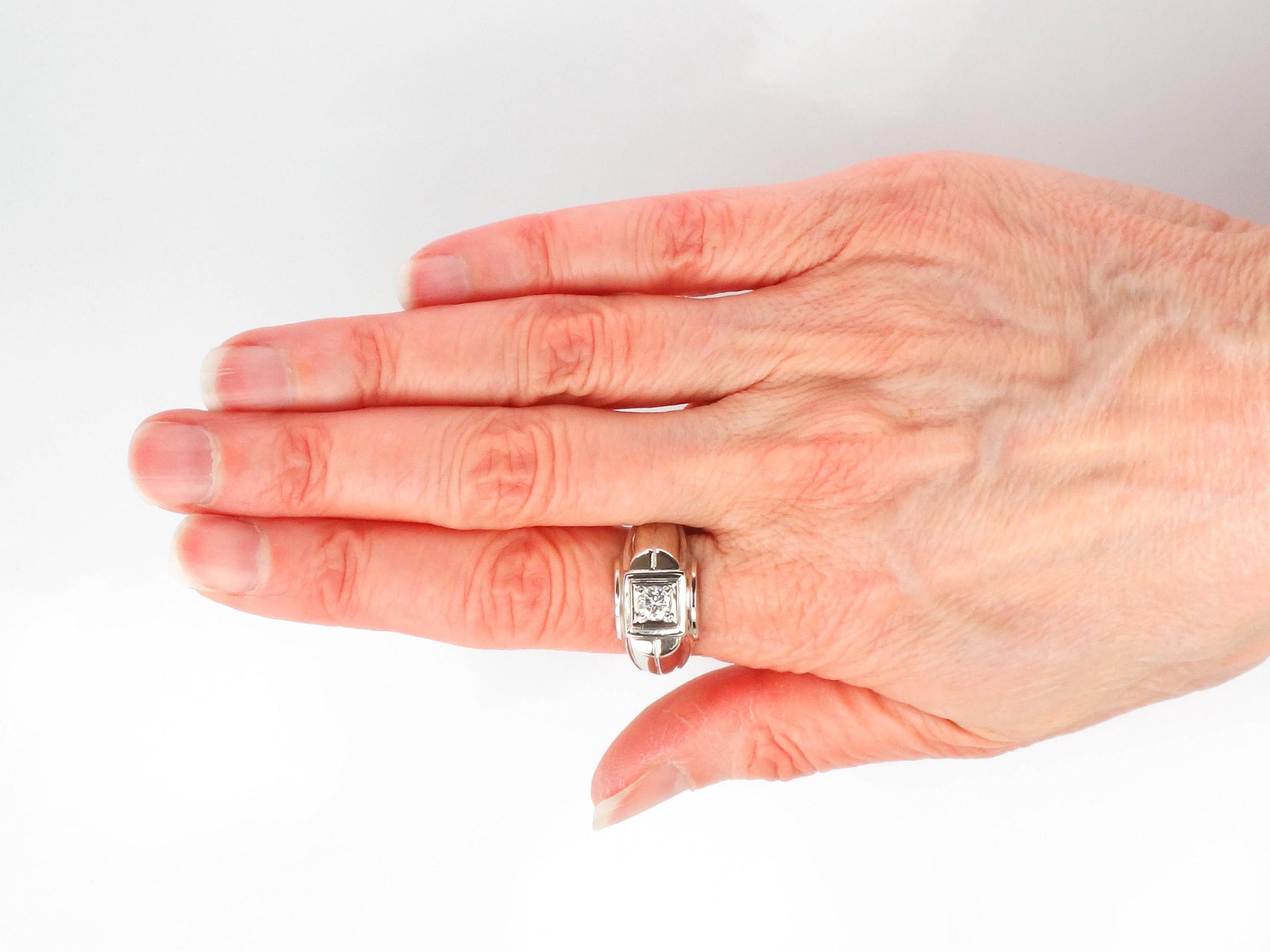 Vintage Art Carved 14k White Gold Diamond Men's Ring: 1960s Engagement Jewelry