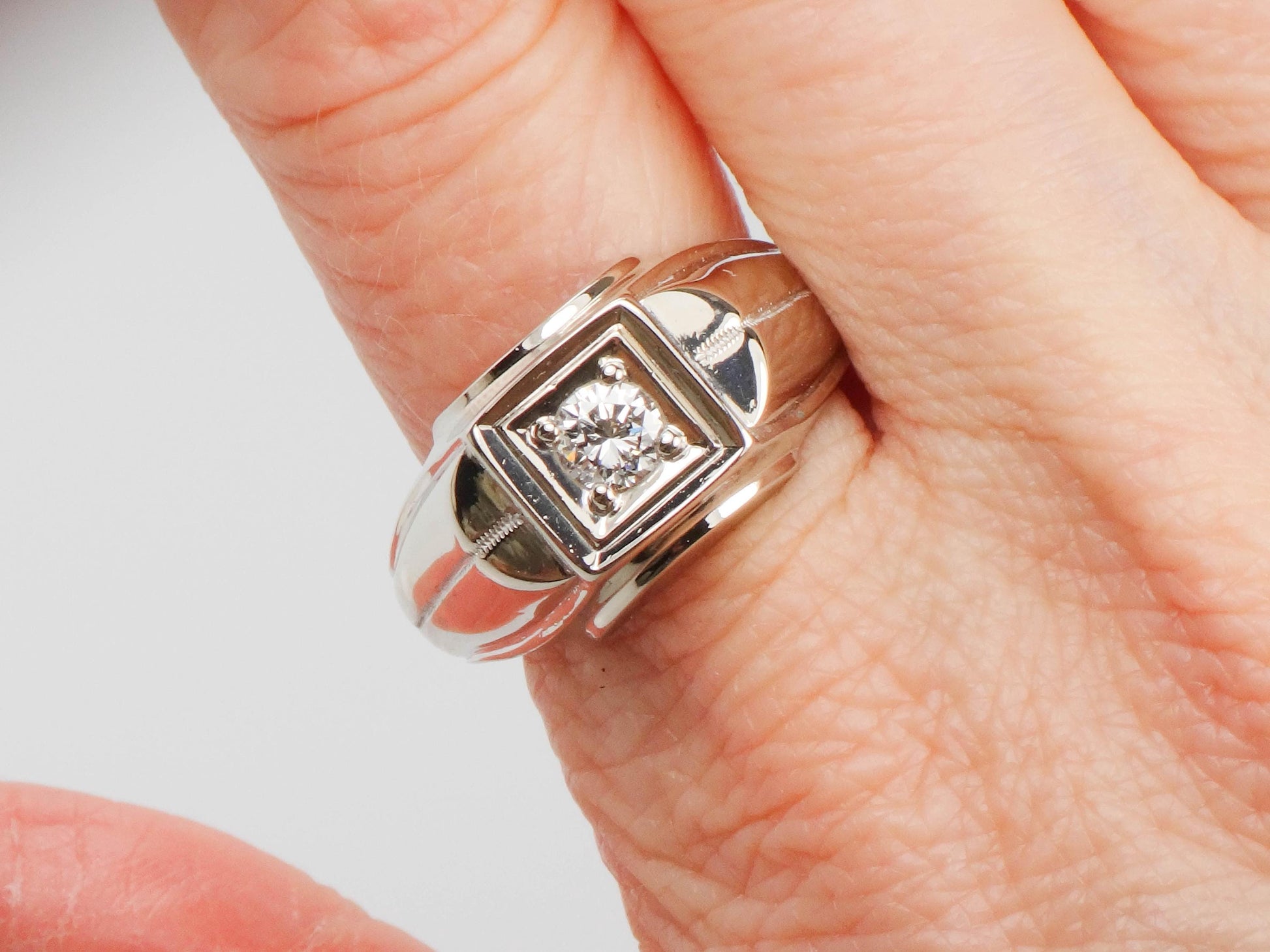 Vintage Art Carved 14k White Gold Diamond Men's Ring: 1960s Engagement Jewelry