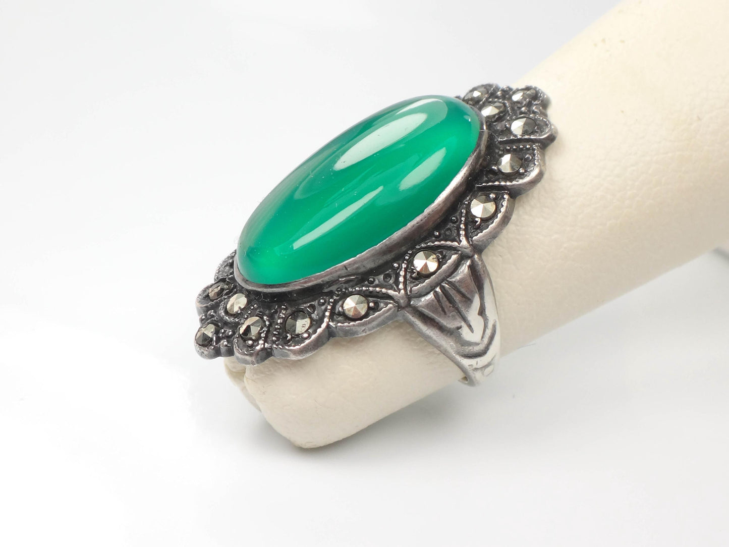 Vintage Sterling Green Glass Marcasite Ring, Sterling Silver Imitation Jade Ring, Uncas Manufacturing Co Art Deco Pinky Ring Approx Size 3.5