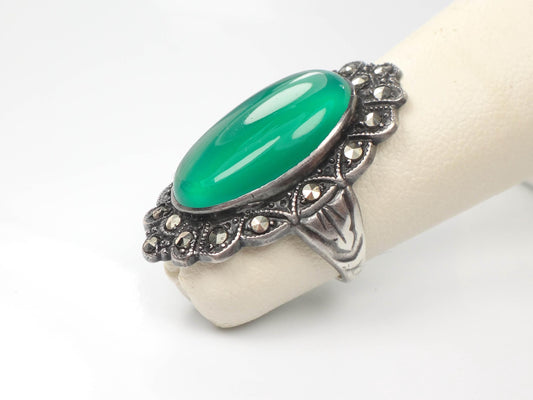 Vintage Art Deco Sterling Silver Marcasite Green Glass Ring - Size 3.5