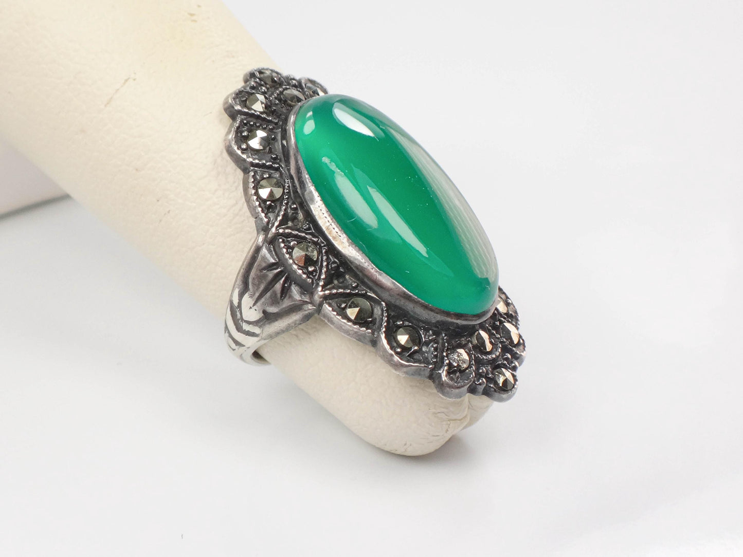 Vintage Sterling Green Glass Marcasite Ring, Sterling Silver Imitation Jade Ring, Uncas Manufacturing Co Art Deco Pinky Ring Approx Size 3.5