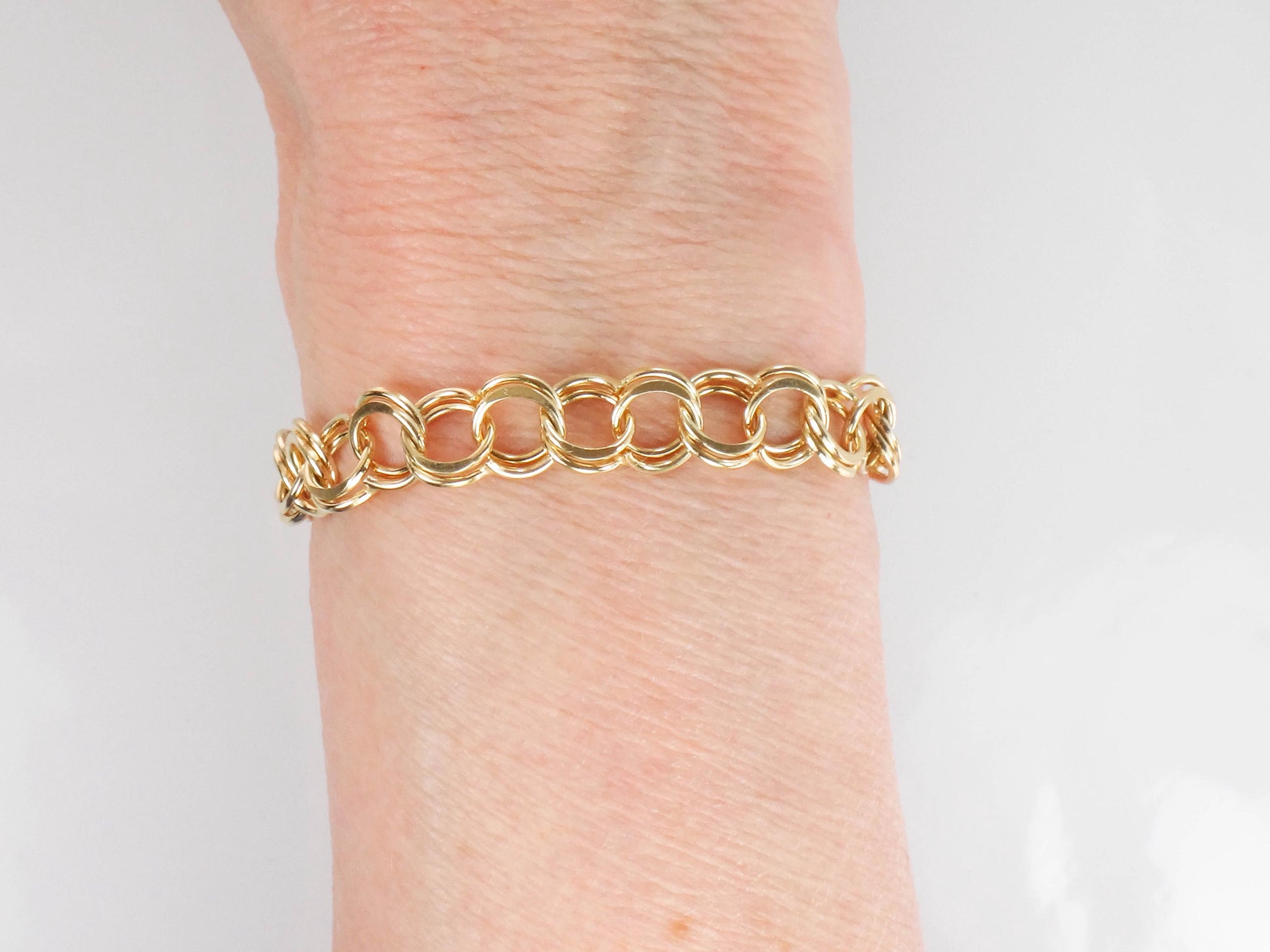 Vintage 14k Yellow Gold Double Link Charm Bracelet with Solid Gold Links 8"