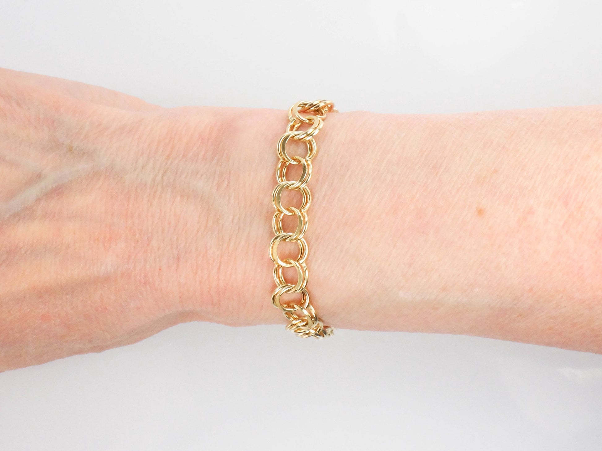 Vintage 14k Yellow Gold Double Link Charm Bracelet with Solid Gold Links 8"