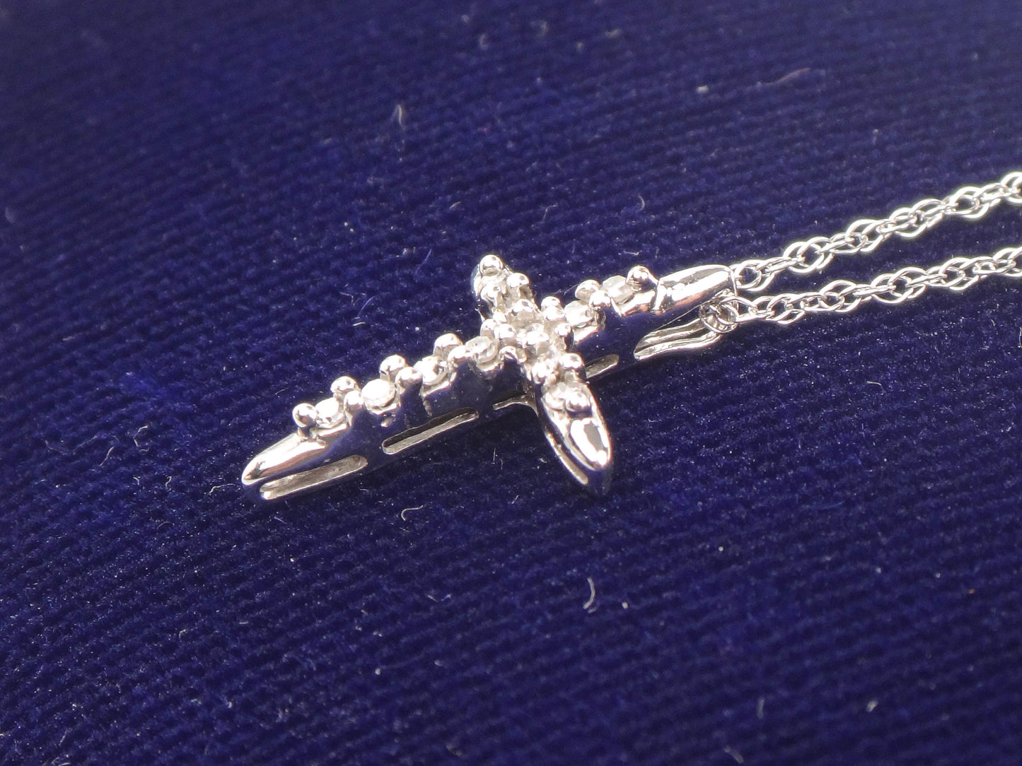 Vintage Small 10k White Gold Diamond Cross Pendant on 14k White Gold Pendant Chain, Cross Necklace 18"
