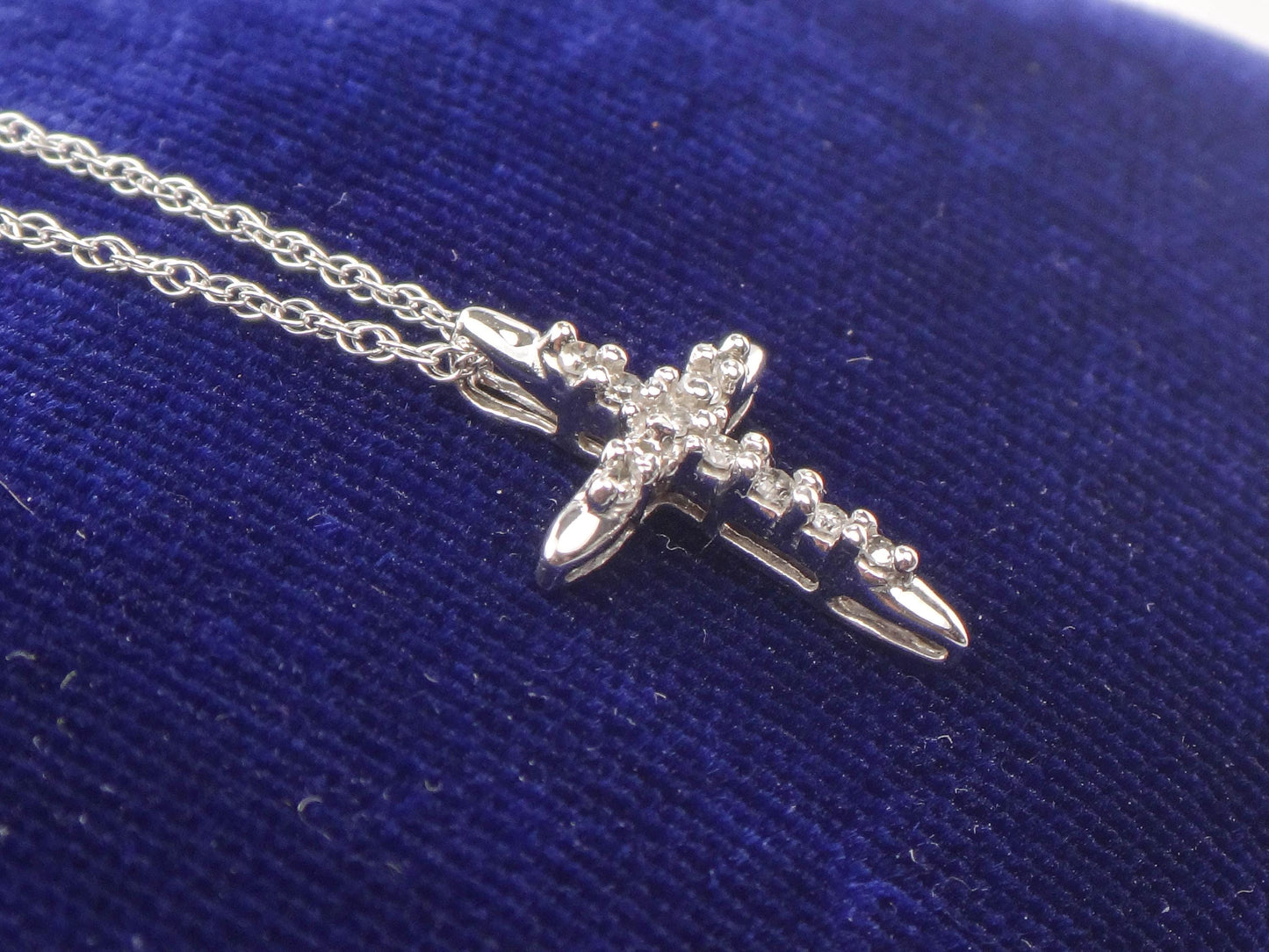 Vintage Small 10k White Gold Diamond Cross Pendant on 14k White Gold Pendant Chain, Cross Necklace 18"