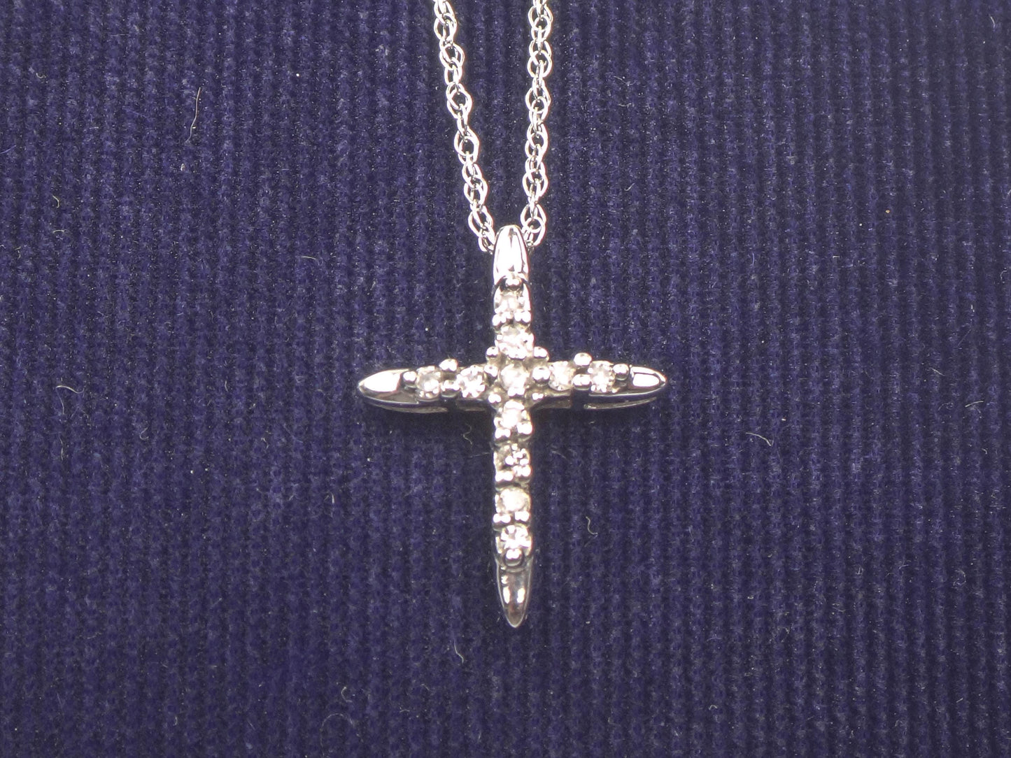 Vintage Small 10k White Gold Diamond Cross Pendant on 14k White Gold Pendant Chain, Cross Necklace 18"