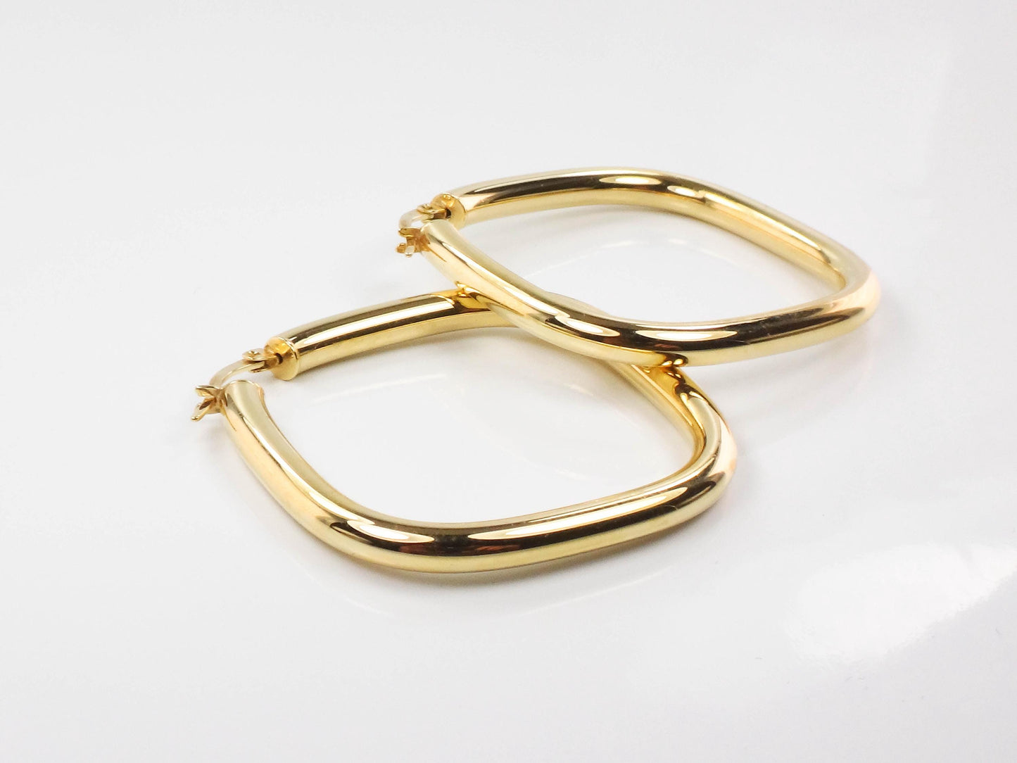 Large Gold Hoop Earrings - Vintage Italian 18k Yellow Hoops with Rounded Square Shape 1.25" 3.8 MM