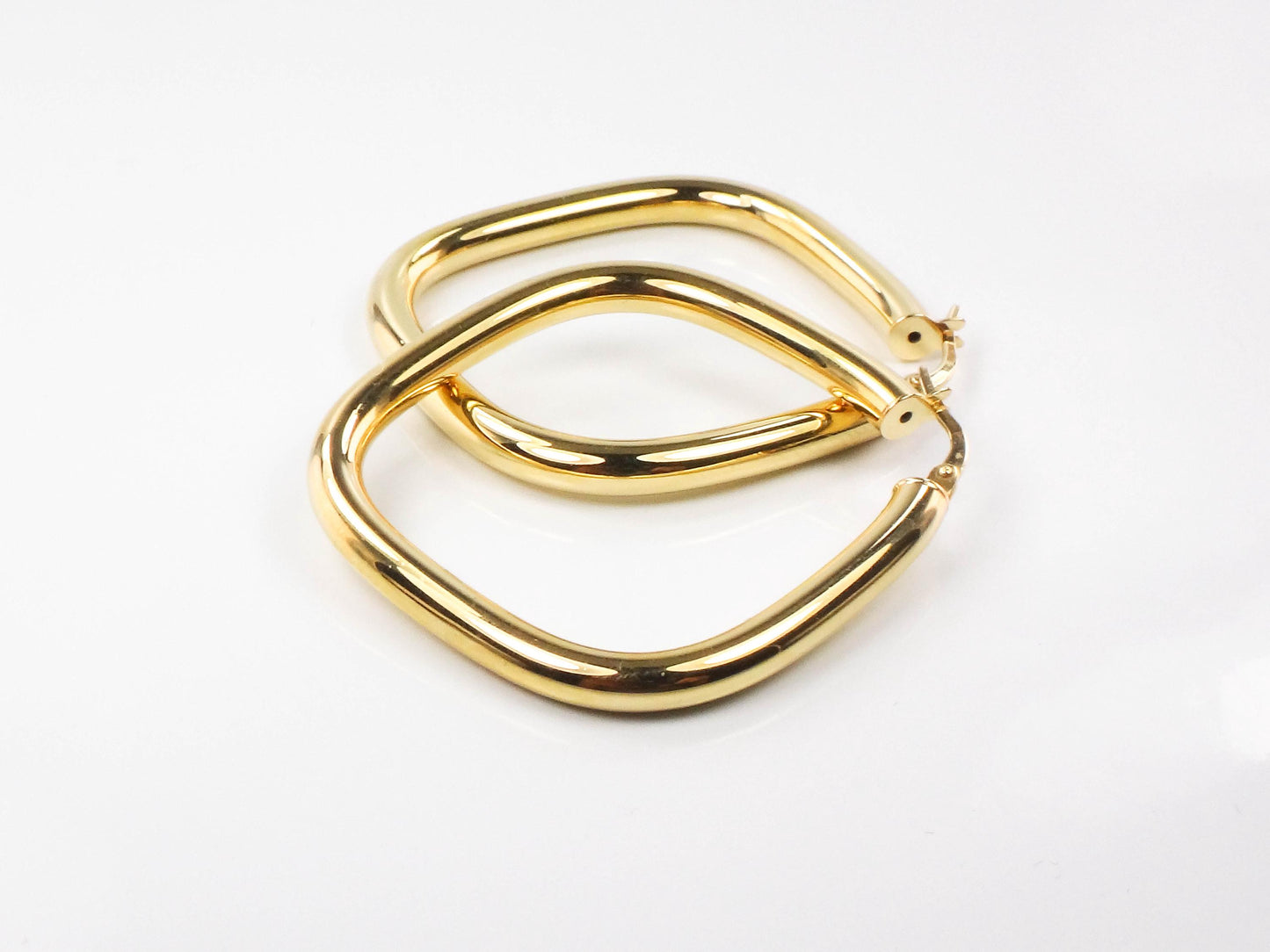Large Gold Hoop Earrings - Vintage Italian 18k Yellow Hoops with Rounded Square Shape 1.25" 3.8 MM