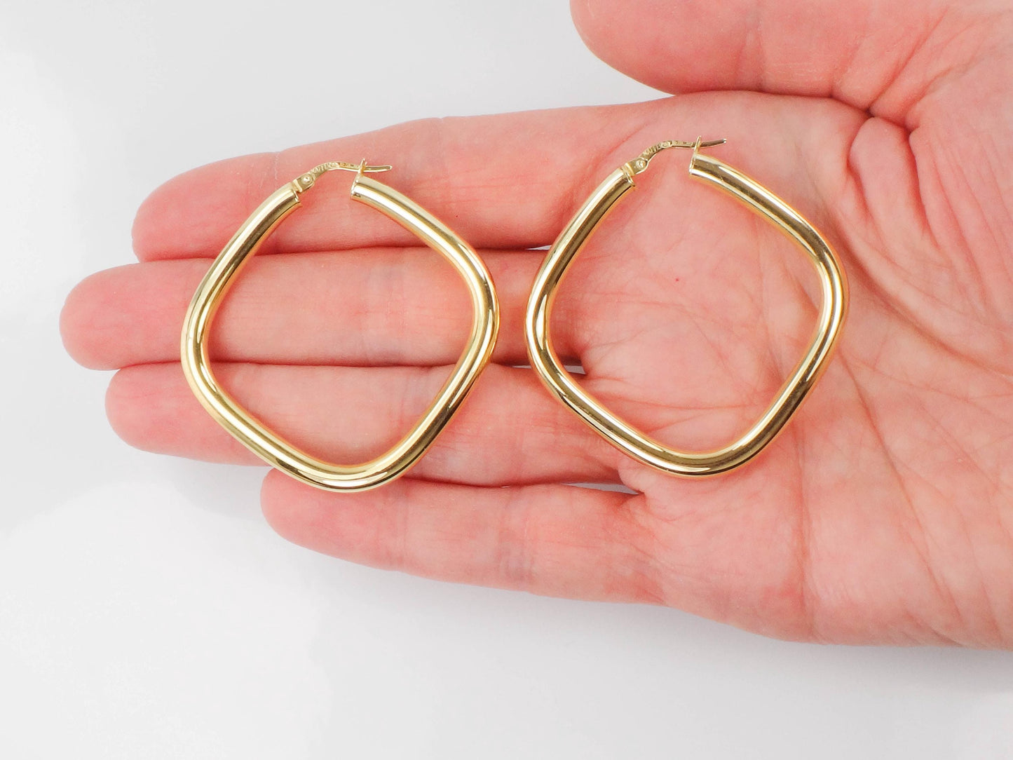 Large Gold Hoop Earrings - Vintage Italian 18k Yellow Hoops with Rounded Square Shape 1.25" 3.8 MM
