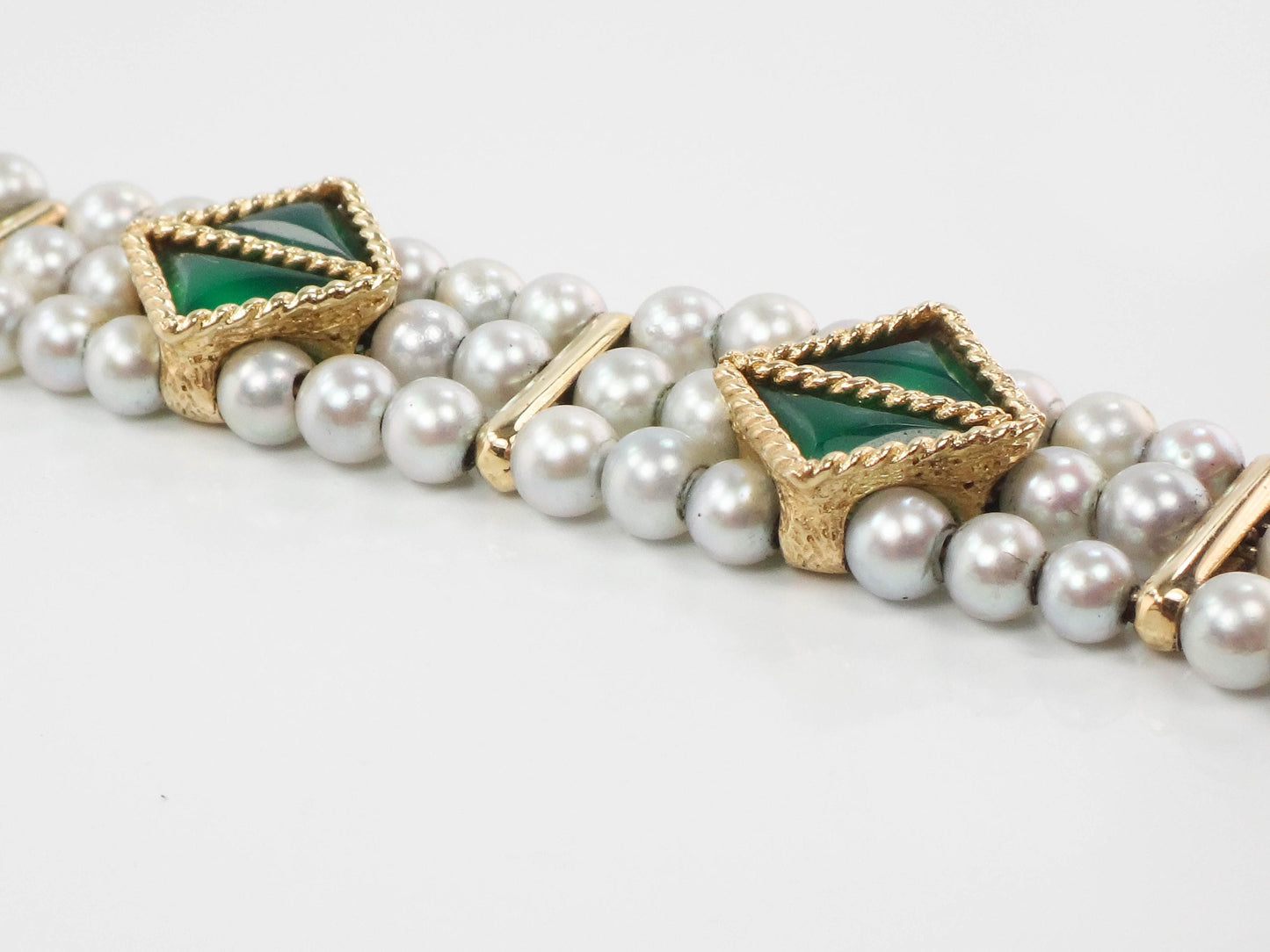 Lucien Piccard 14k Yellow Gold Triple Strand Gray Pearl Bracelet with Green Chrysoprase - Bridal Jewelry - Vintage Circa 1960’s - 7"
