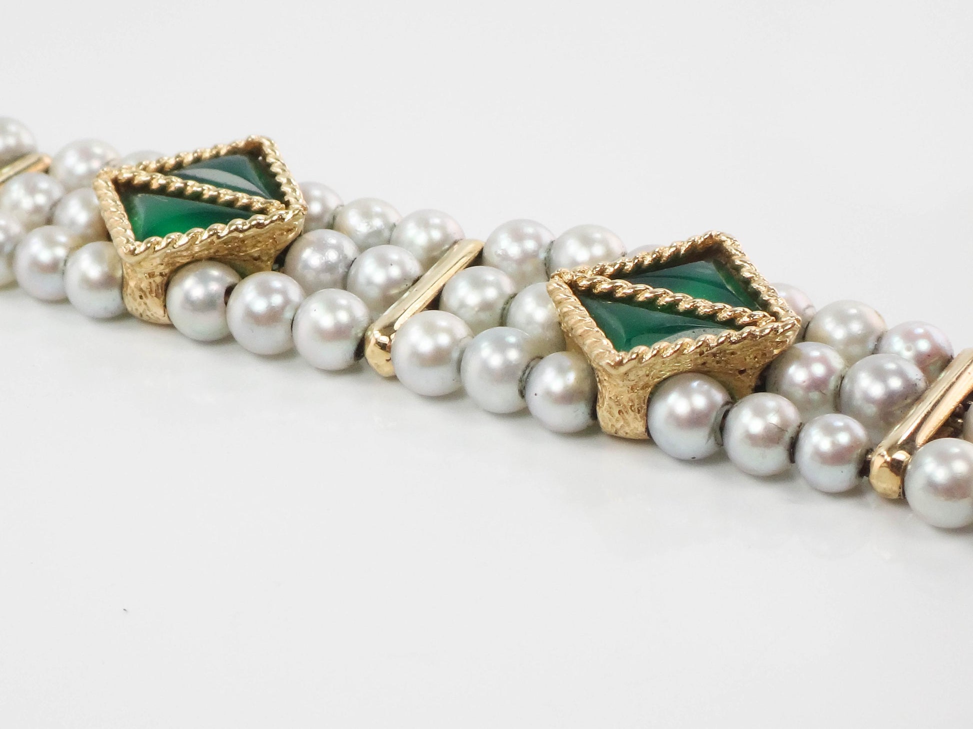 Vintage Lucien Piccard 14k Gold Gray Pearl & Chrysoprase Bracelet - 7" Triple Strand - 1960's