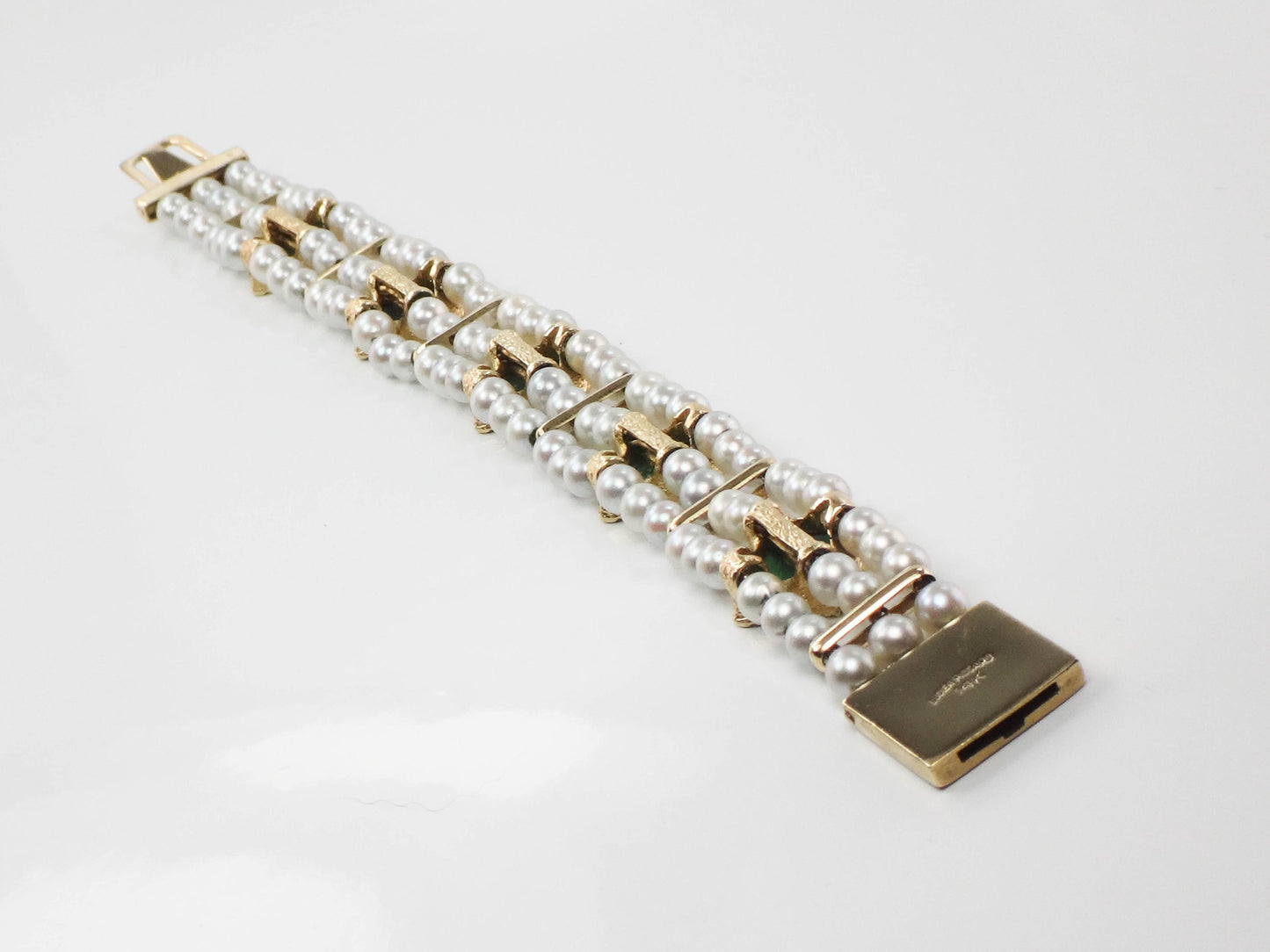 Lucien Piccard 14k Yellow Gold Triple Strand Gray Pearl Bracelet with Green Chrysoprase - Bridal Jewelry - Vintage Circa 1960’s - 7"