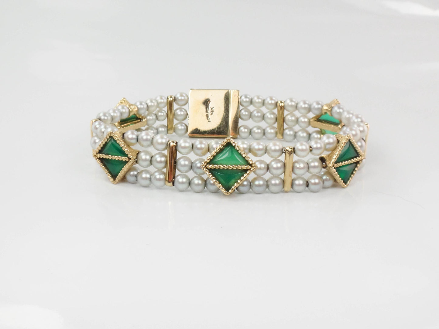 Lucien Piccard 14k Yellow Gold Triple Strand Gray Pearl Bracelet with Green Chrysoprase - Bridal Jewelry - Vintage Circa 1960’s - 7"