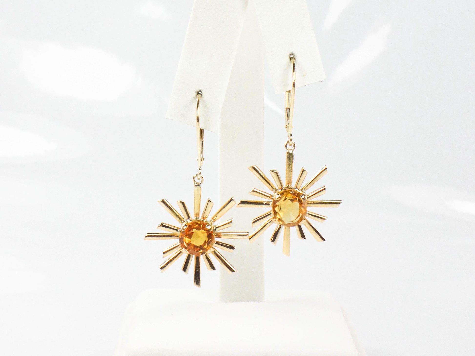 Vintage Citrine Sunburst Dangle Earrings: 18k & 14k Gold November Birthstone