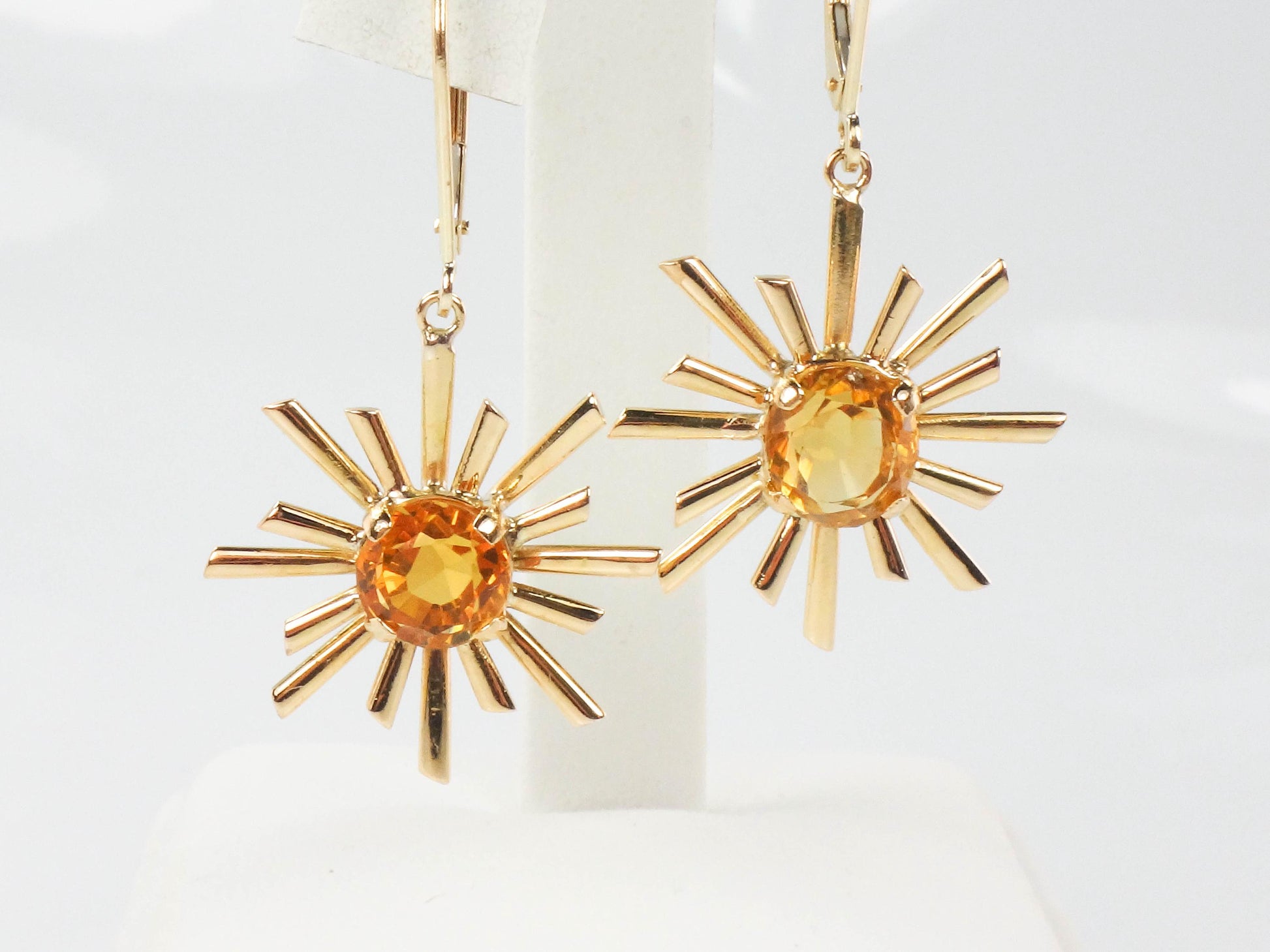 Vintage Citrine Sunburst Dangle Earrings: 18k & 14k Gold November Birthstone