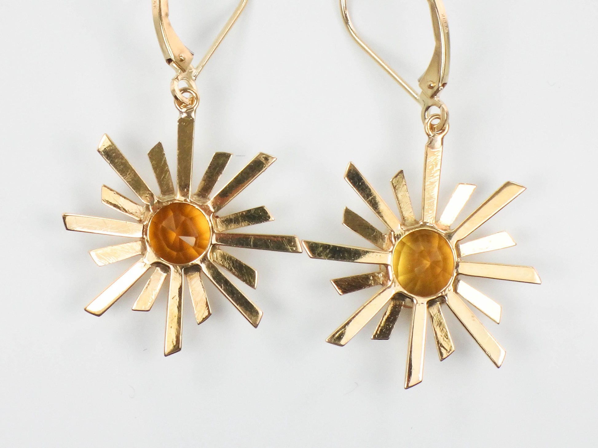 Vintage Citrine Sunburst Dangle Earrings: 18k & 14k Gold November Birthstone