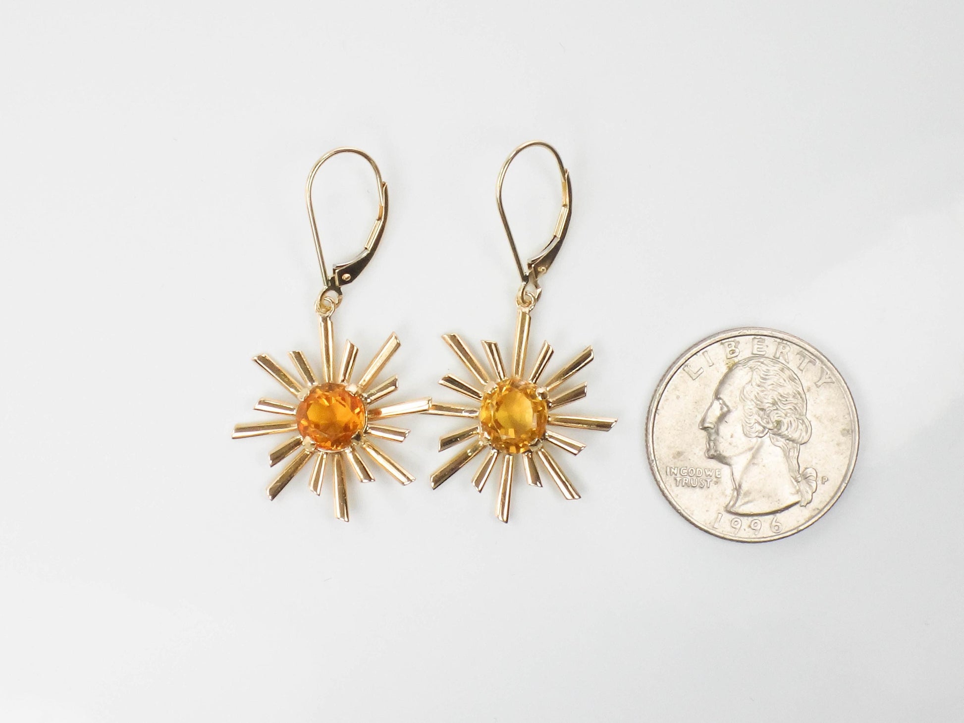 Vintage Citrine Sunburst Dangle Earrings: 18k & 14k Gold November Birthstone