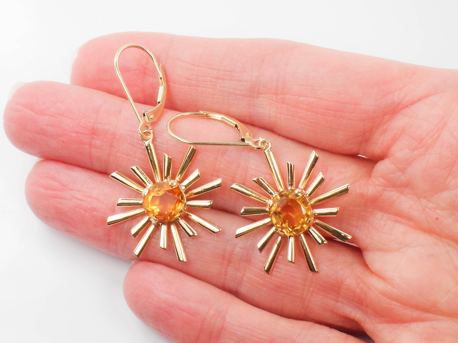Vintage Citrine Sunburst Dangle Earrings: 18k & 14k Gold November Birthstone
