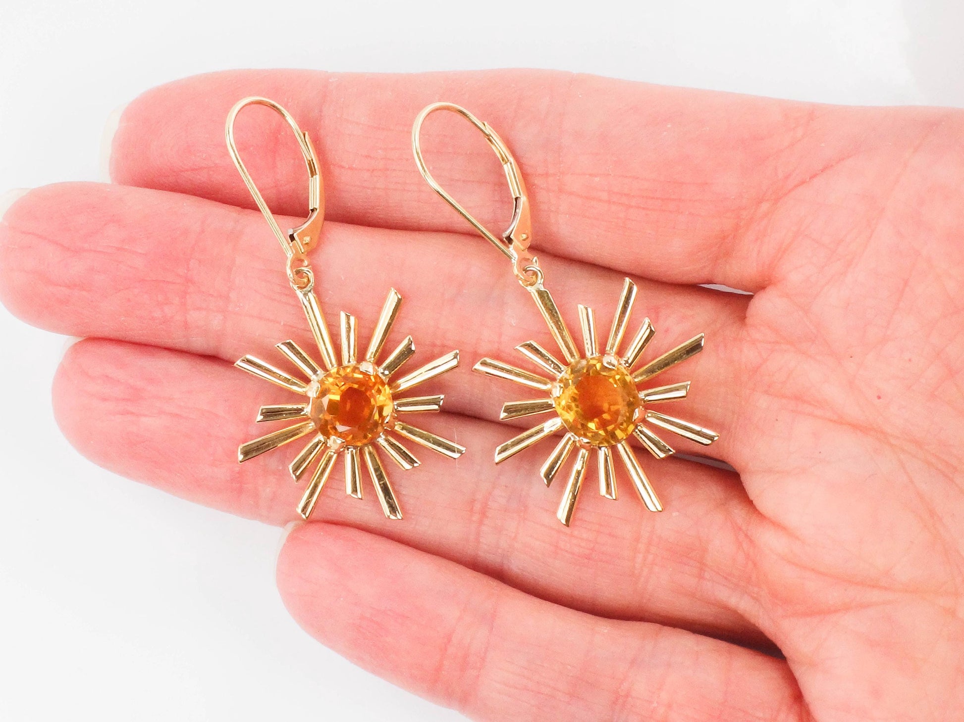 Vintage Citrine Sunburst Dangle Earrings: 18k & 14k Gold November Birthstone