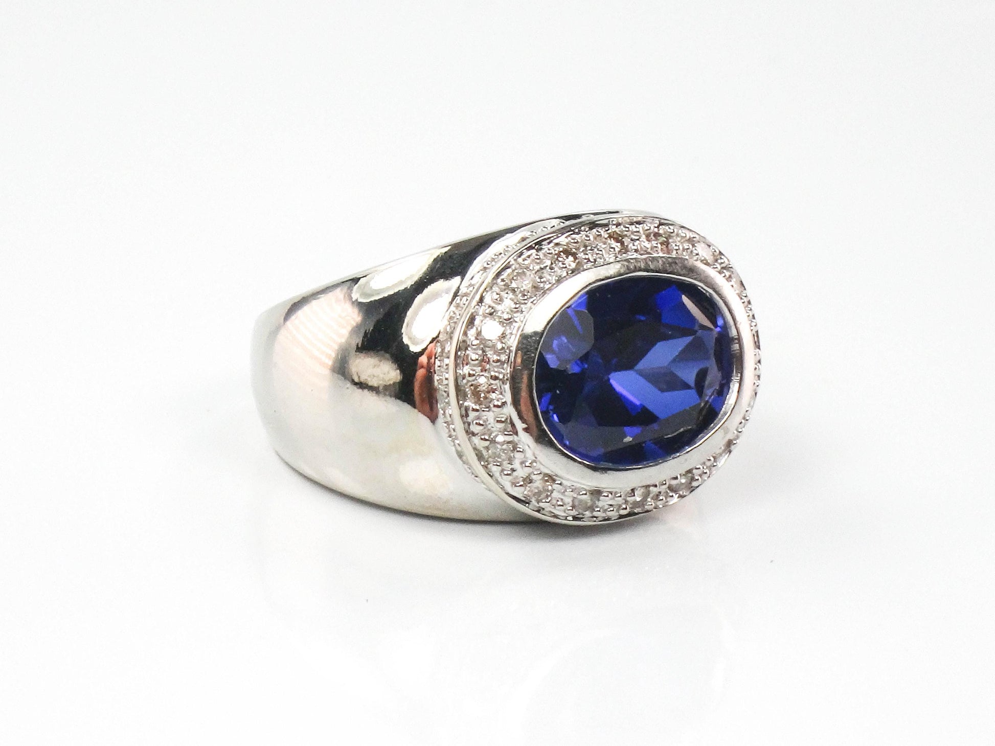 Vintage 14k White Gold Blue Sapphire Diamond Ring: Sideways Set September Birthstone, Size 4