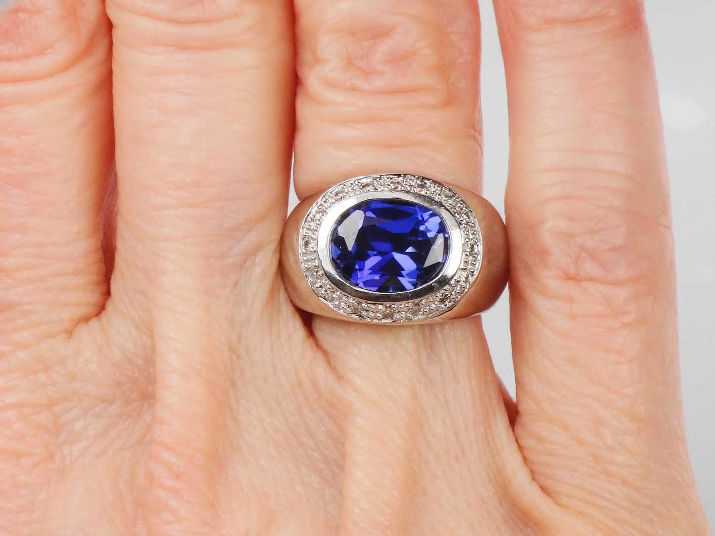 Vintage 14k White Gold Blue Sapphire Diamond Ring: Sideways Set September Birthstone, Size 4