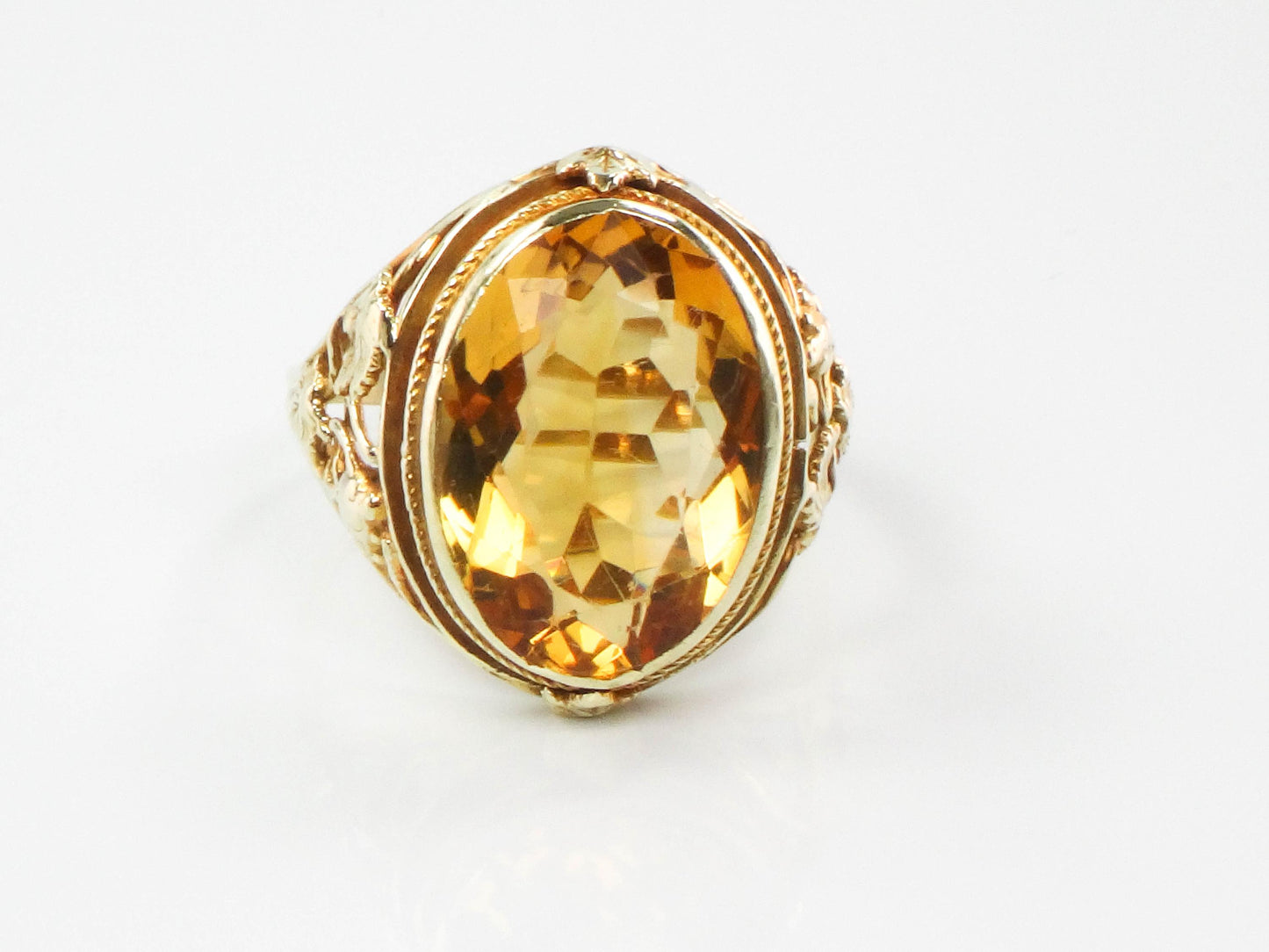 14k Citrine Ring - Art Deco Golden Stone Grapes and Leaves Design - Vintage Circa 1930's - Size 8 3/4 - Fine Jewelry