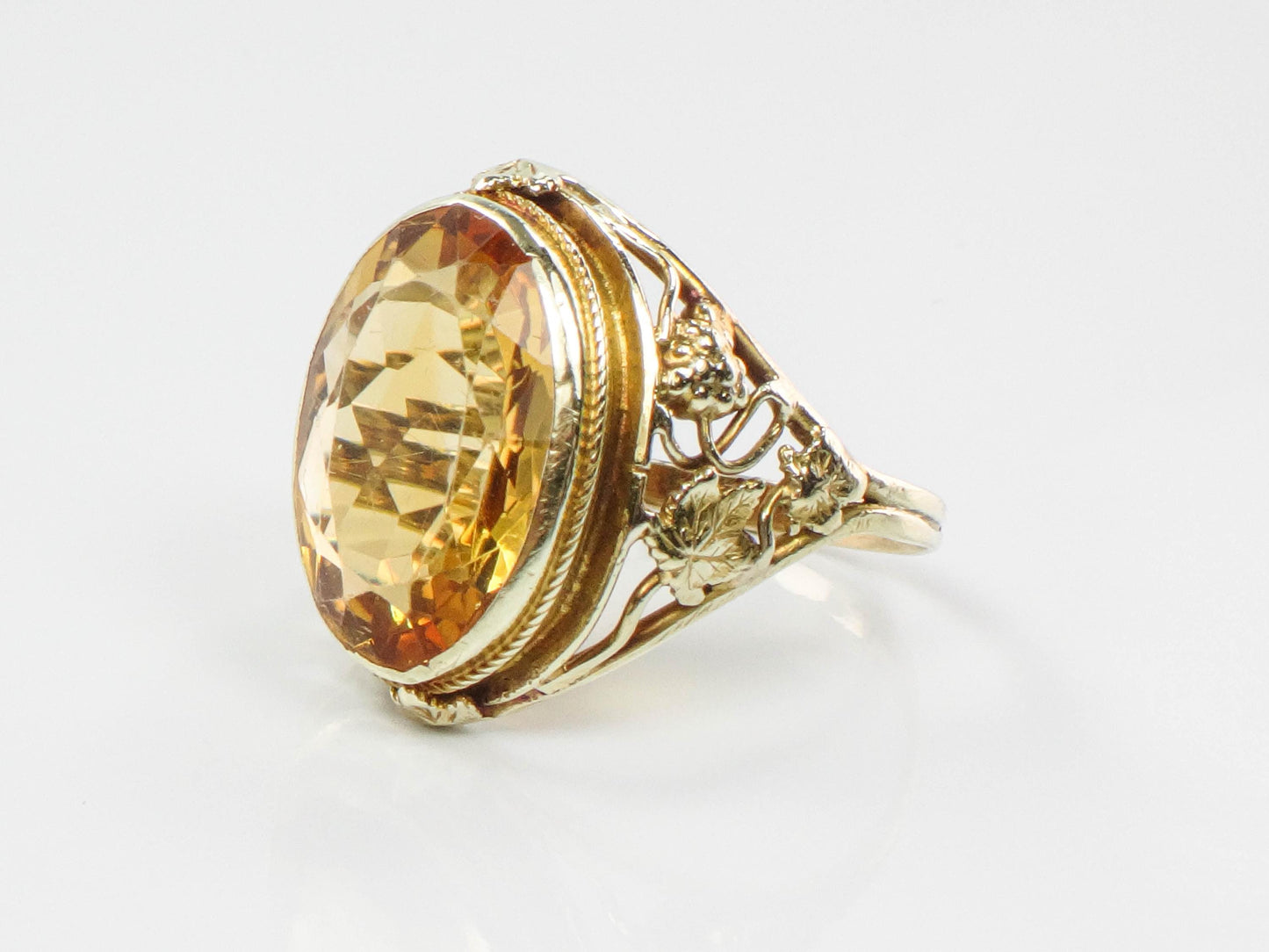 14k Citrine Ring - Art Deco Golden Stone Grapes and Leaves Design - Vintage Circa 1930's - Size 8 3/4 - Fine Jewelry