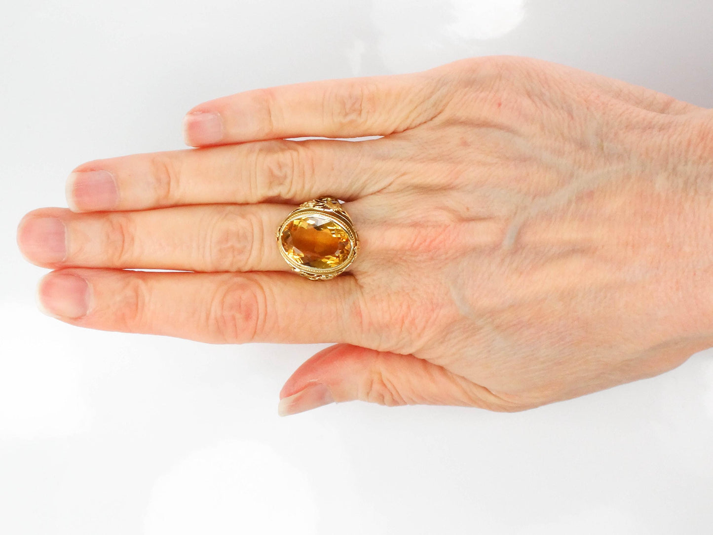 14k Citrine Ring - Art Deco Golden Stone Grapes and Leaves Design - Vintage Circa 1930's - Size 8 3/4 - Fine Jewelry