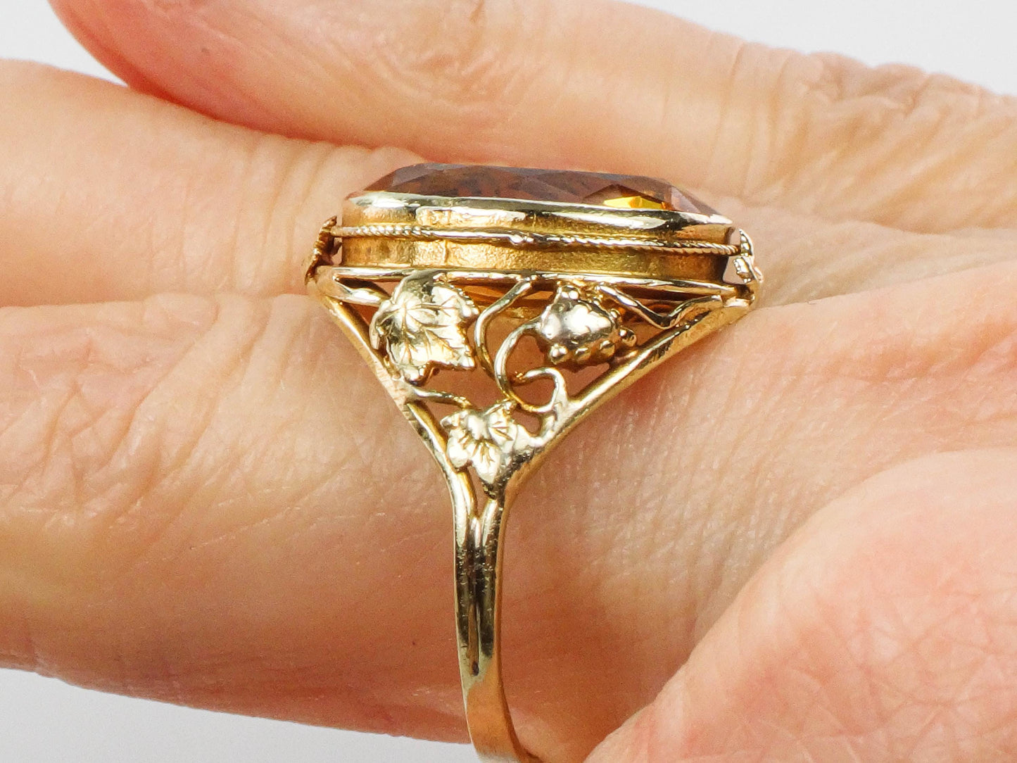 14k Citrine Ring - Art Deco Golden Stone Grapes and Leaves Design - Vintage Circa 1930's - Size 8 3/4 - Fine Jewelry