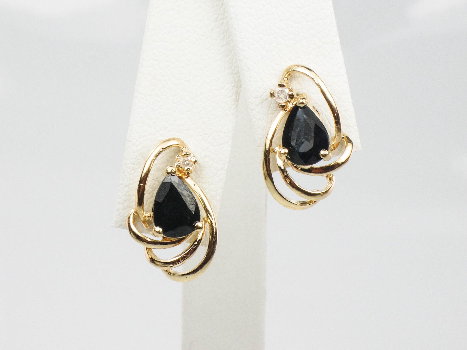 Vintage 14k Yellow Gold Sapphire Stud Earrings with Diamond Accents
