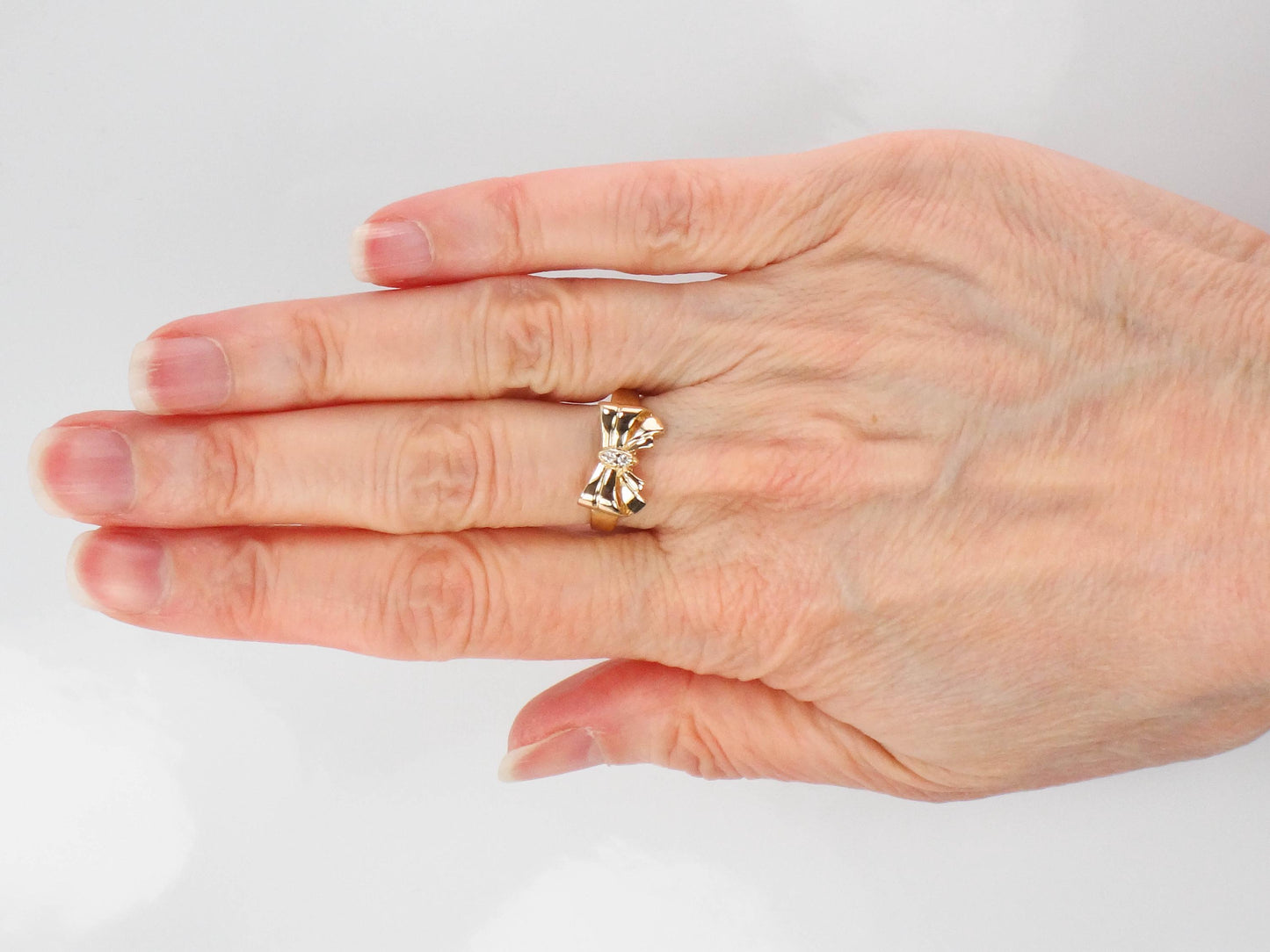 Vintage 14k Yellow Gold Diamond Bow Ring - Size 6.5