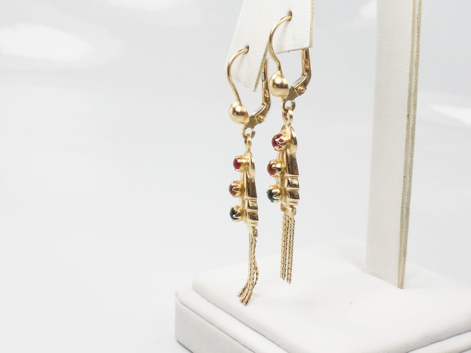 Vintage 14k Yellow Gold Fringe Earrings: Boho Multi-Color Glass Dangles