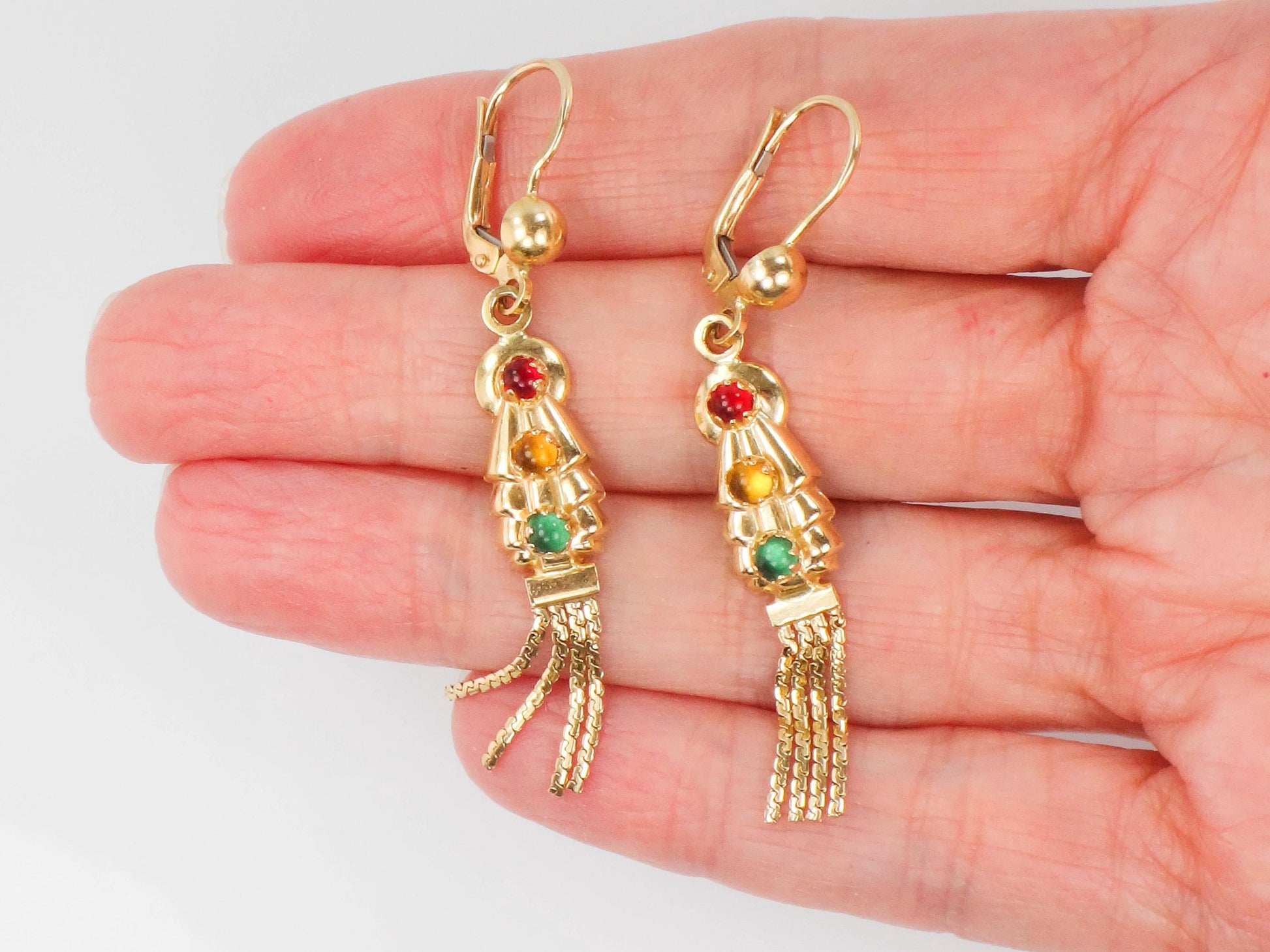 Vintage 14k Yellow Gold Fringe Earrings: Boho Multi-Color Glass Dangles