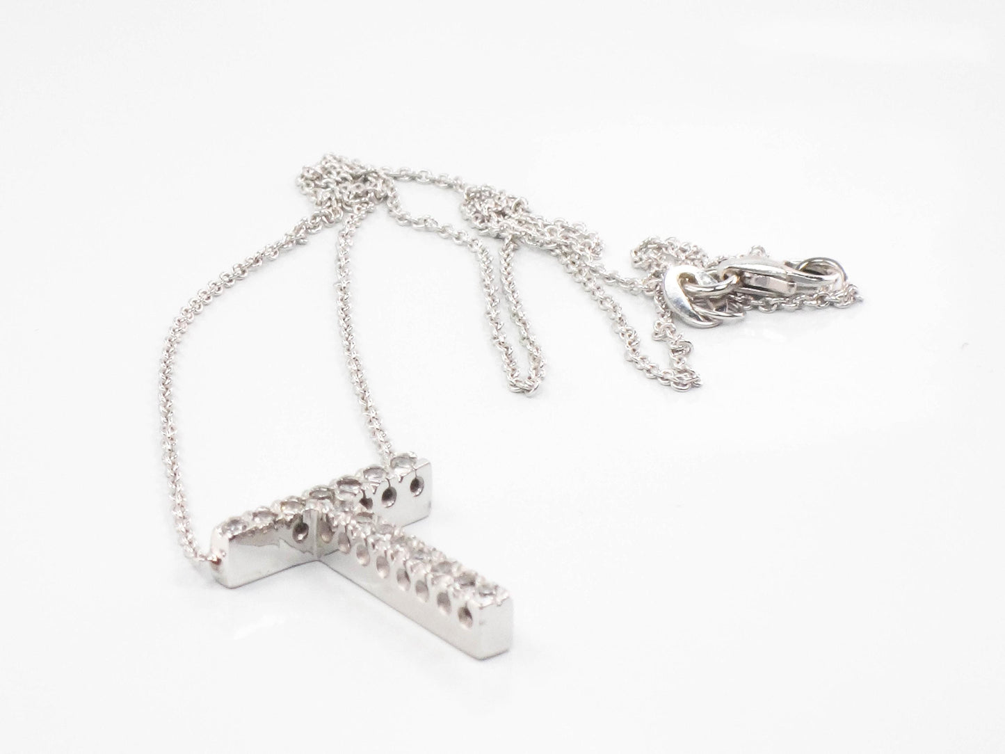 Vintage 14k White Gold Letter T Diamond Necklace, Initial T Necklace 16.5"