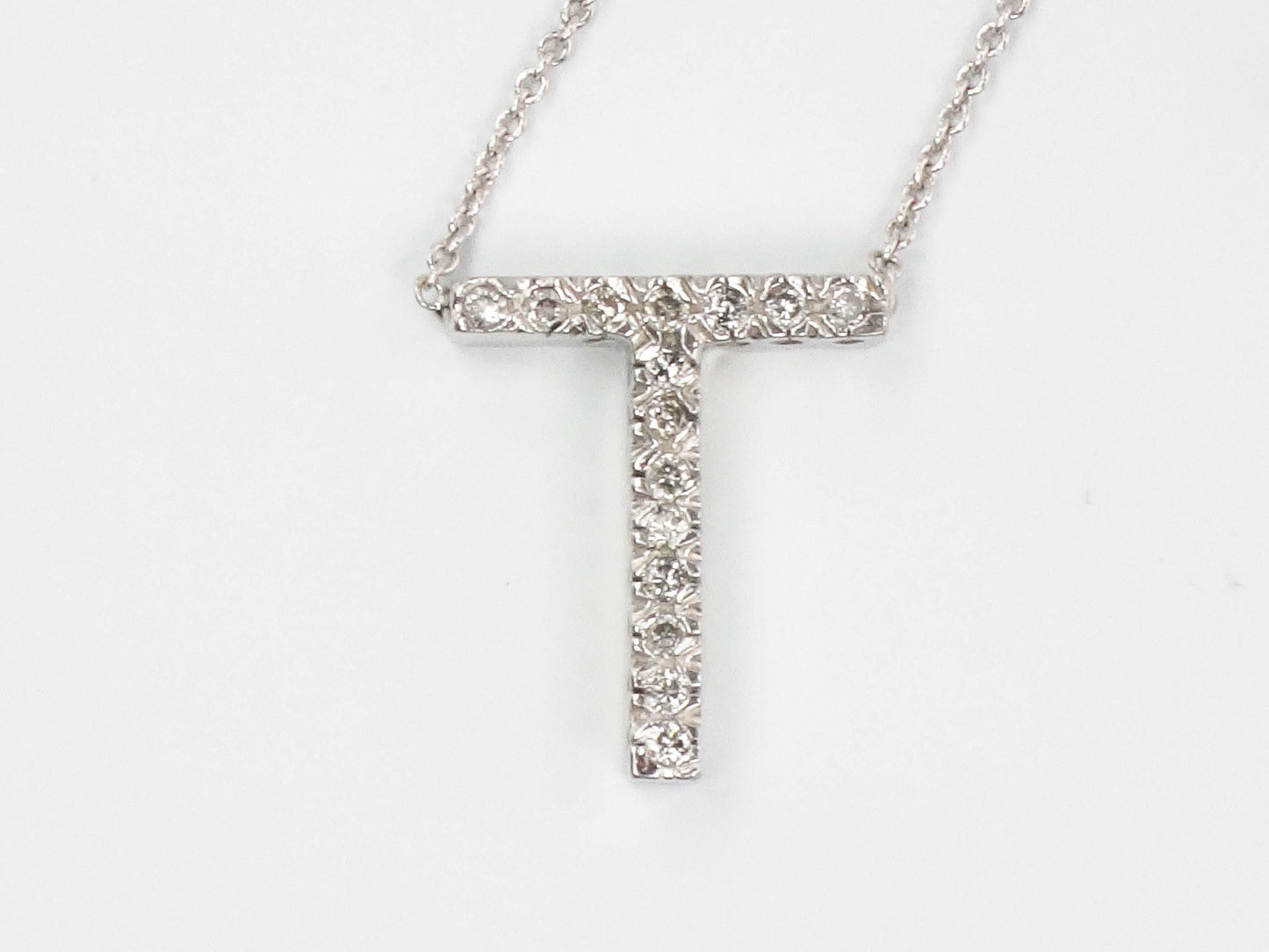 Vintage 14k White Gold Letter T Diamond Necklace, Initial T Necklace 16.5"