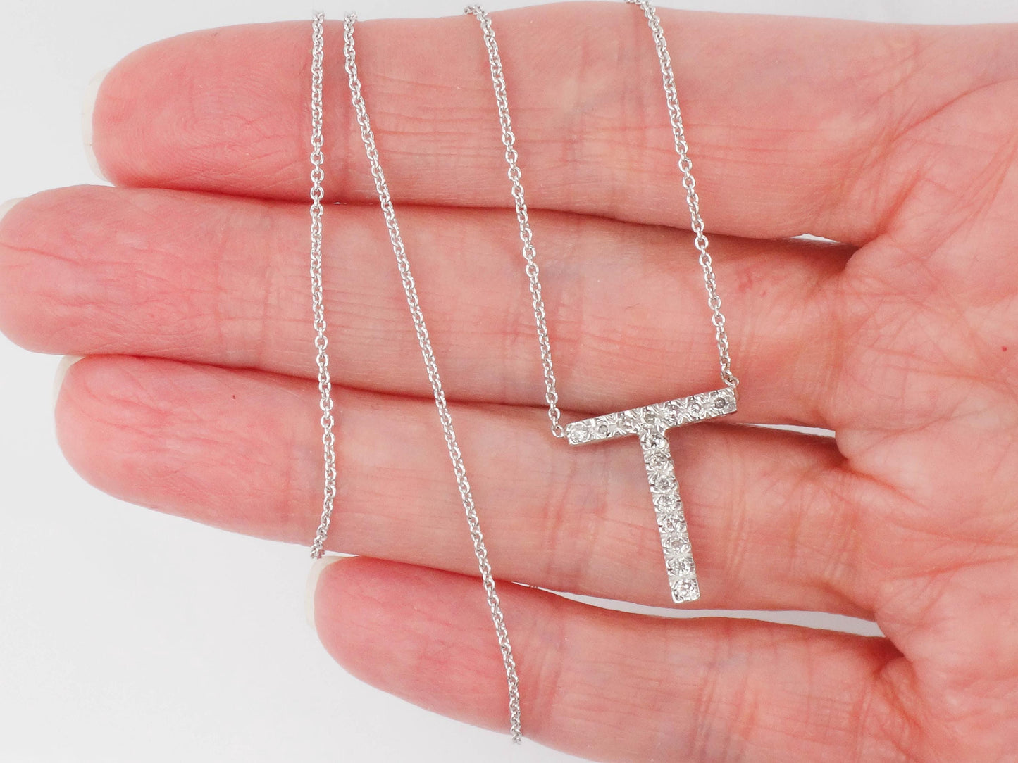 Vintage 14k White Gold Letter T Diamond Necklace, Initial T Necklace 16.5"