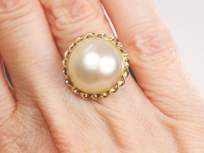 Vintage 14k Yellow Gold Mabe Pearl Ring Bridal Jewelry Size 4.75