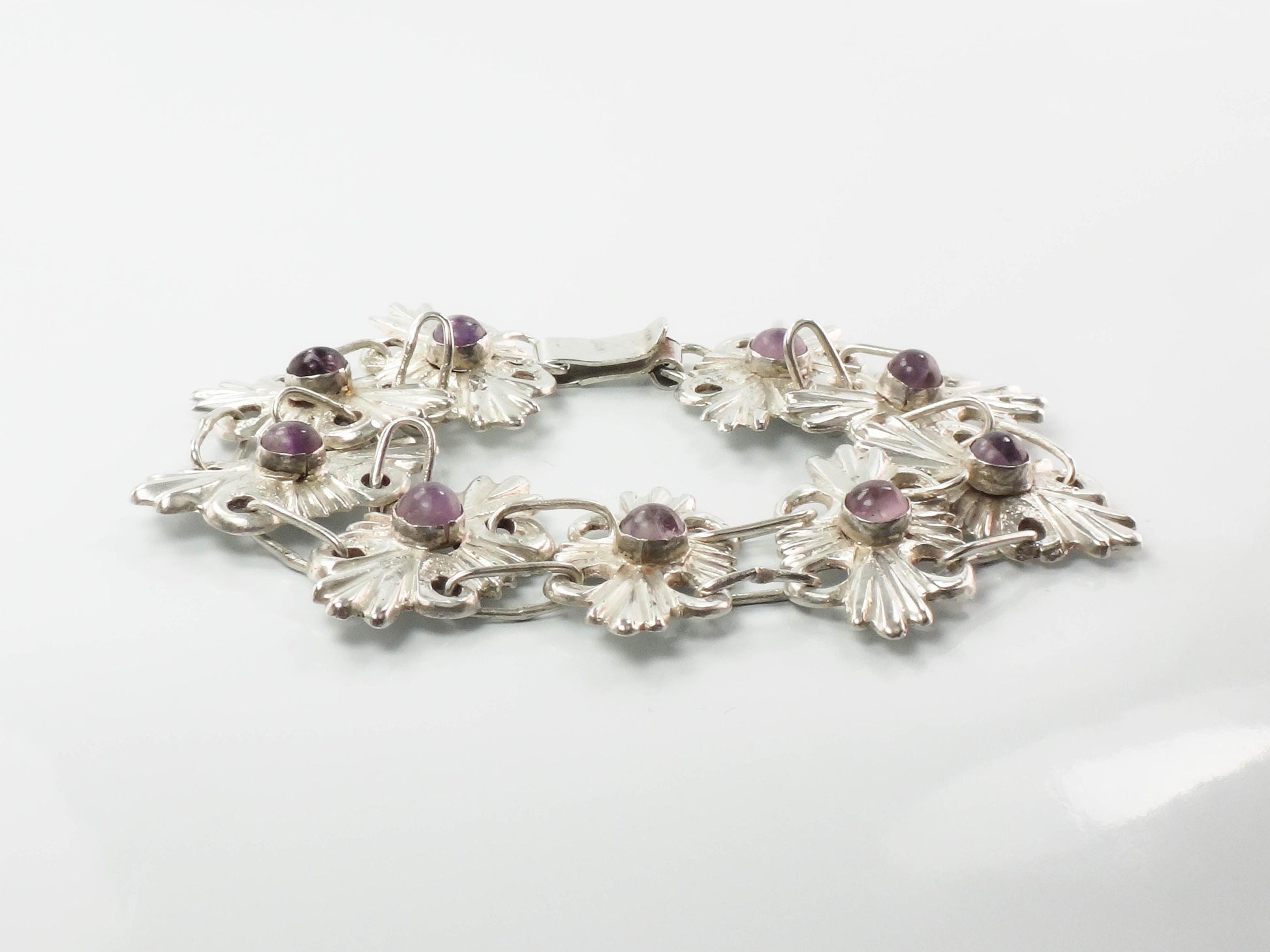 Vintage Mexico Silver Amethyst Bracelet: Ornate Handmade Panel Design